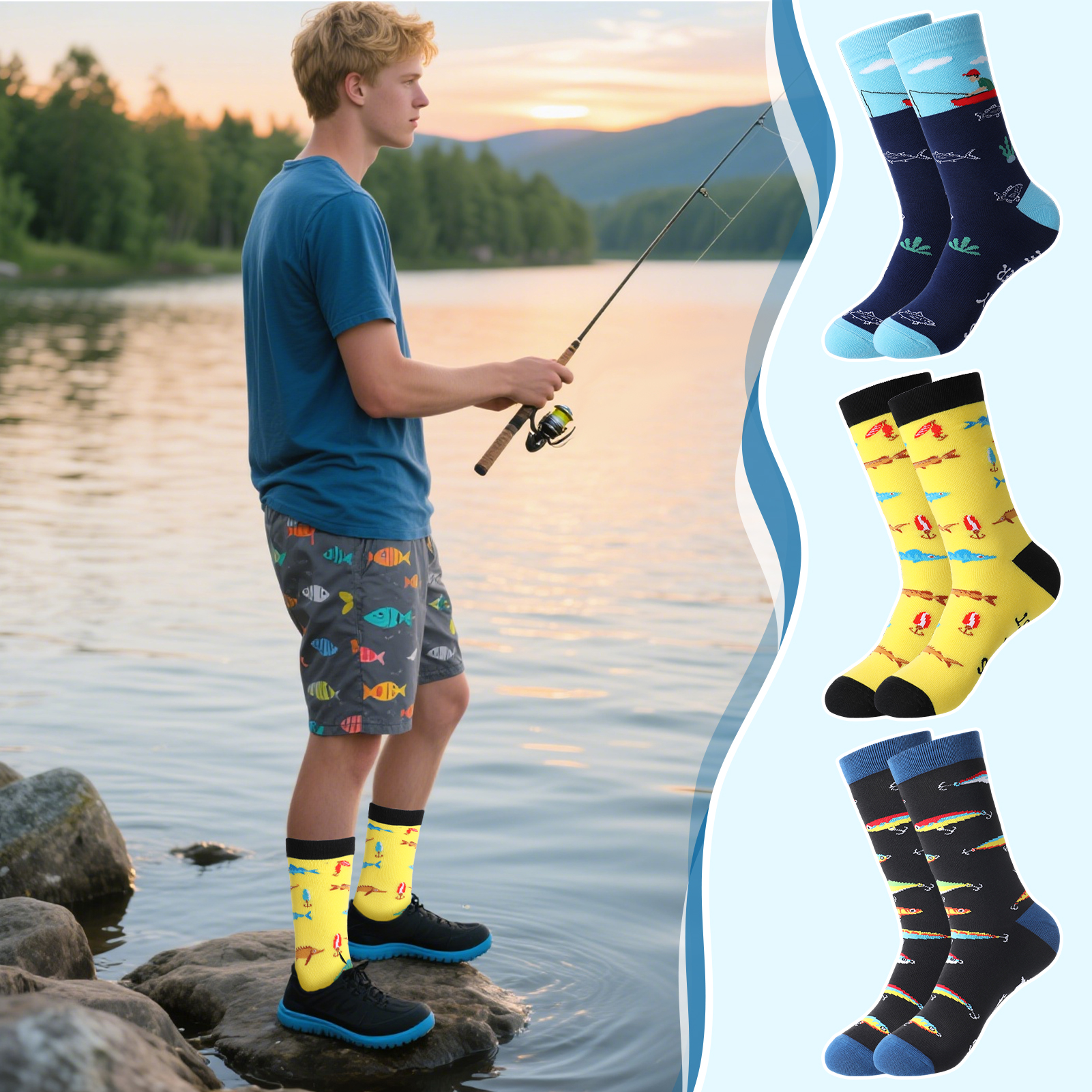 Bocaoying 3 Pairs Novelty Fishing Socks for Men Funny Fish Themed Crew Socks Gifts for Dad, Grandpa Fishing Lover
