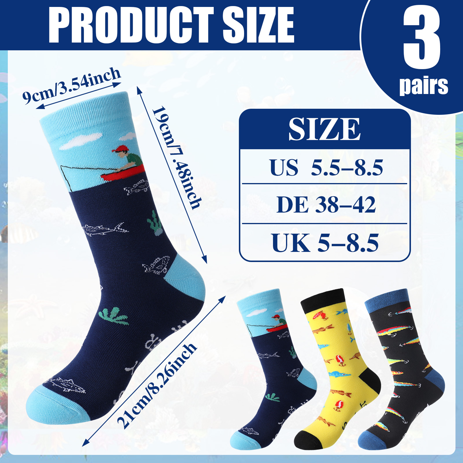 Bocaoying 3 Pairs Novelty Fishing Socks for Men Funny Fish Themed Crew Socks Gifts for Dad, Grandpa Fishing Lover