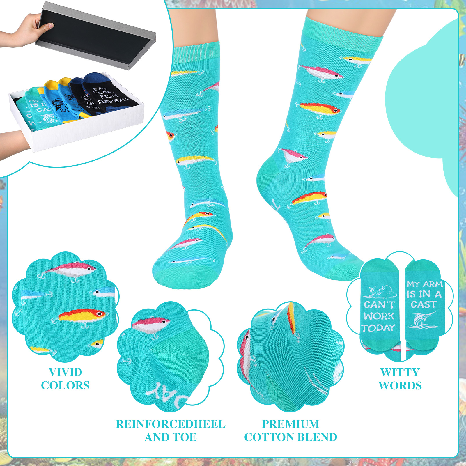 Bocaoying 3 Pairs Novelty Fishing Socks for Men Funny Fish Themed Crew Socks Gifts for Dad, Grandpa Fishing Lover