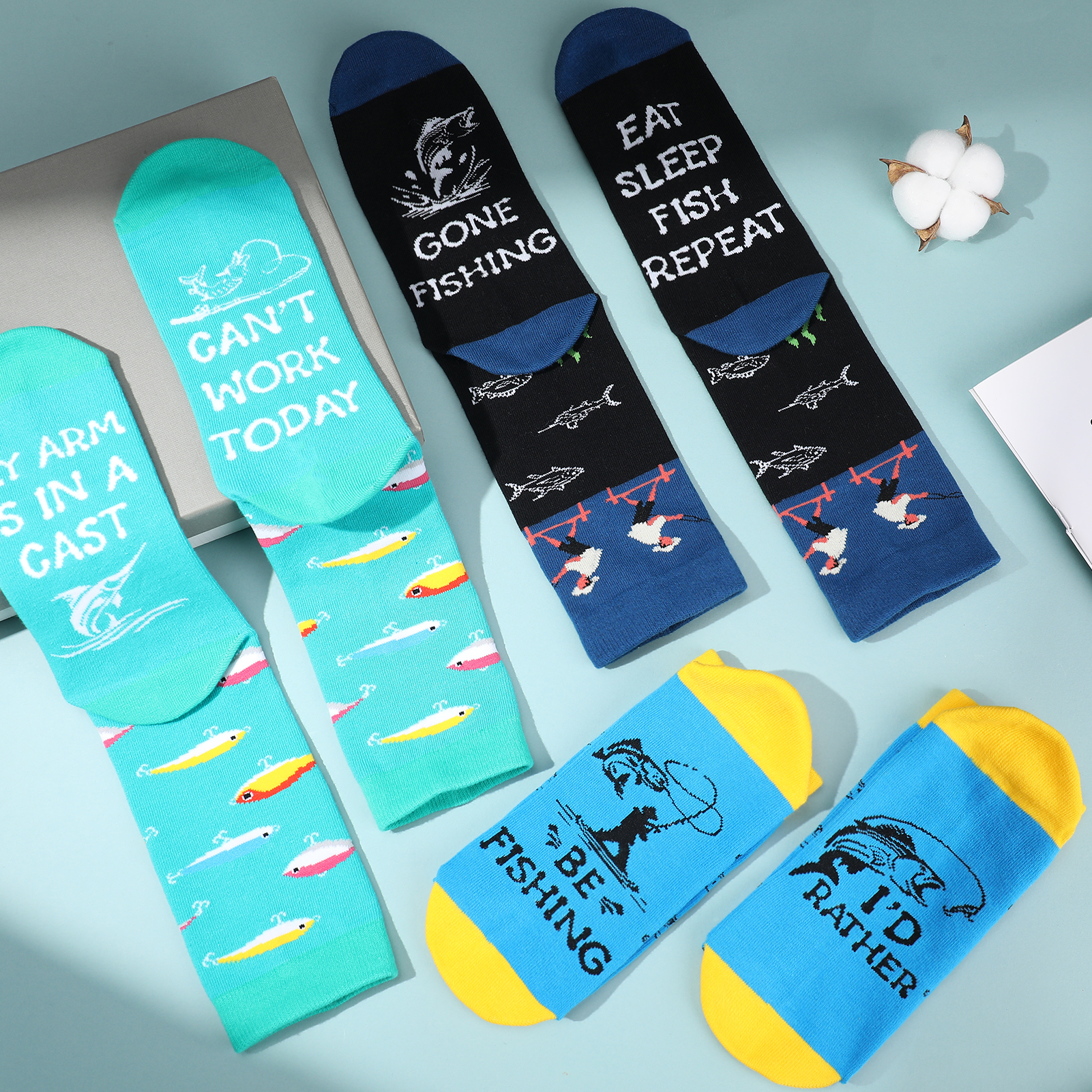 Bocaoying 3 Pairs Novelty Fishing Socks for Men Funny Fish Themed Crew Socks Gifts for Dad, Grandpa Fishing Lover