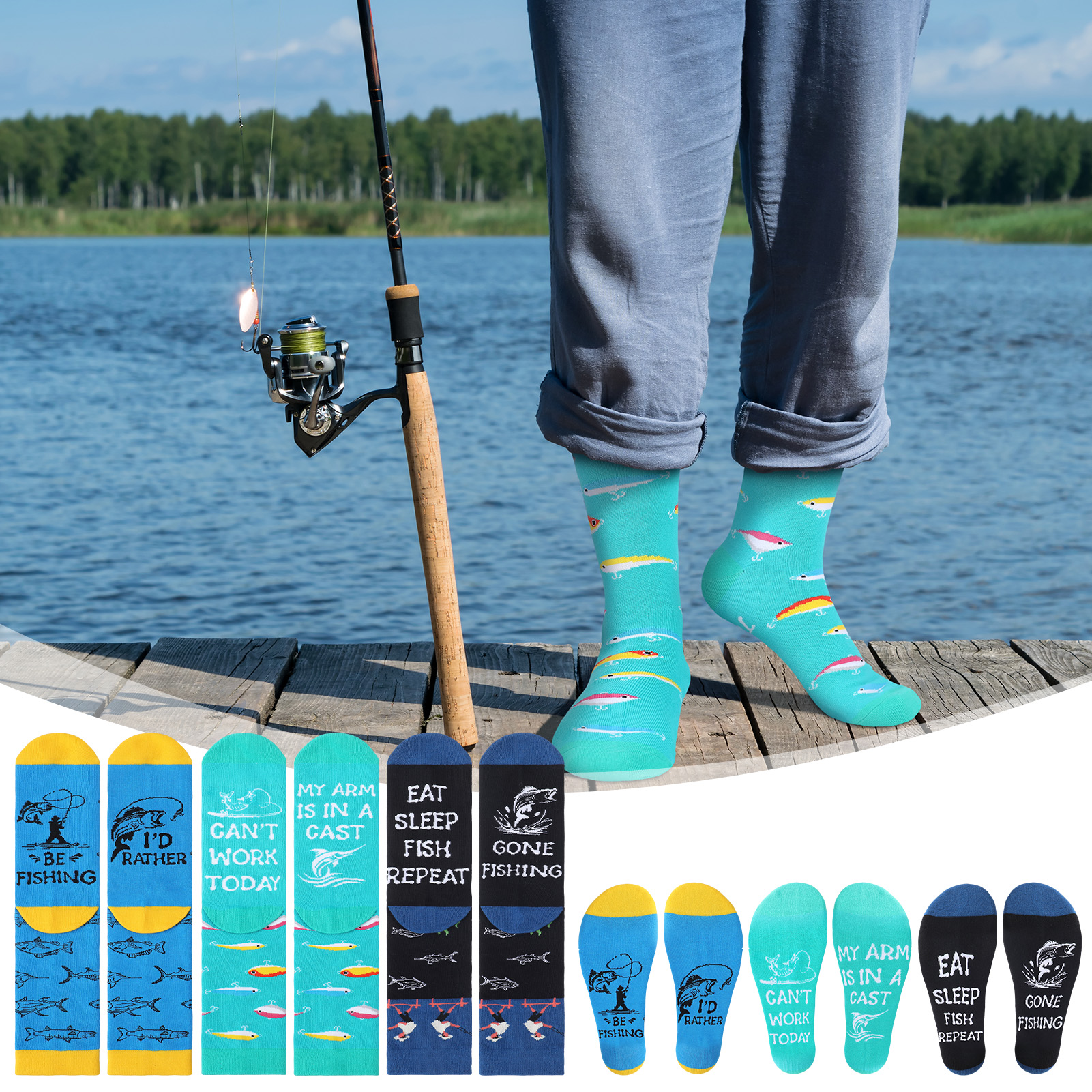 Bocaoying 3 Pairs Novelty Fishing Socks for Men Funny Fish Themed Crew Socks Gifts for Dad, Grandpa Fishing Lover