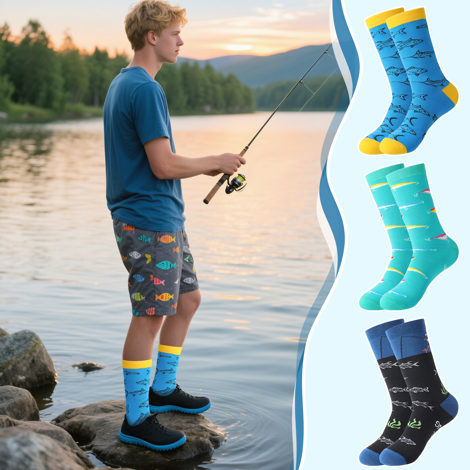 Bocaoying 3 Pairs Novelty Fishing Socks for Men Funny Fish Themed Crew Socks Gifts for Dad, Grandpa Fishing Lover