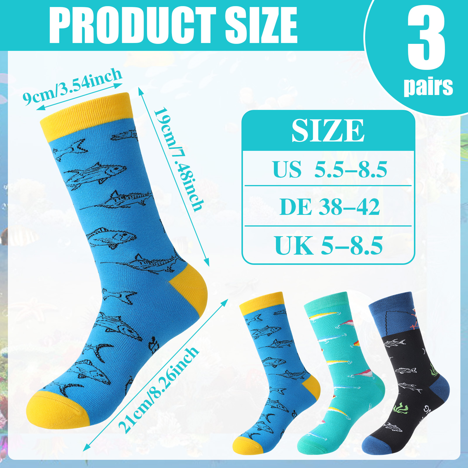 Bocaoying 3 Pairs Novelty Fishing Socks for Men Funny Fish Themed Crew Socks Gifts for Dad, Grandpa Fishing Lover