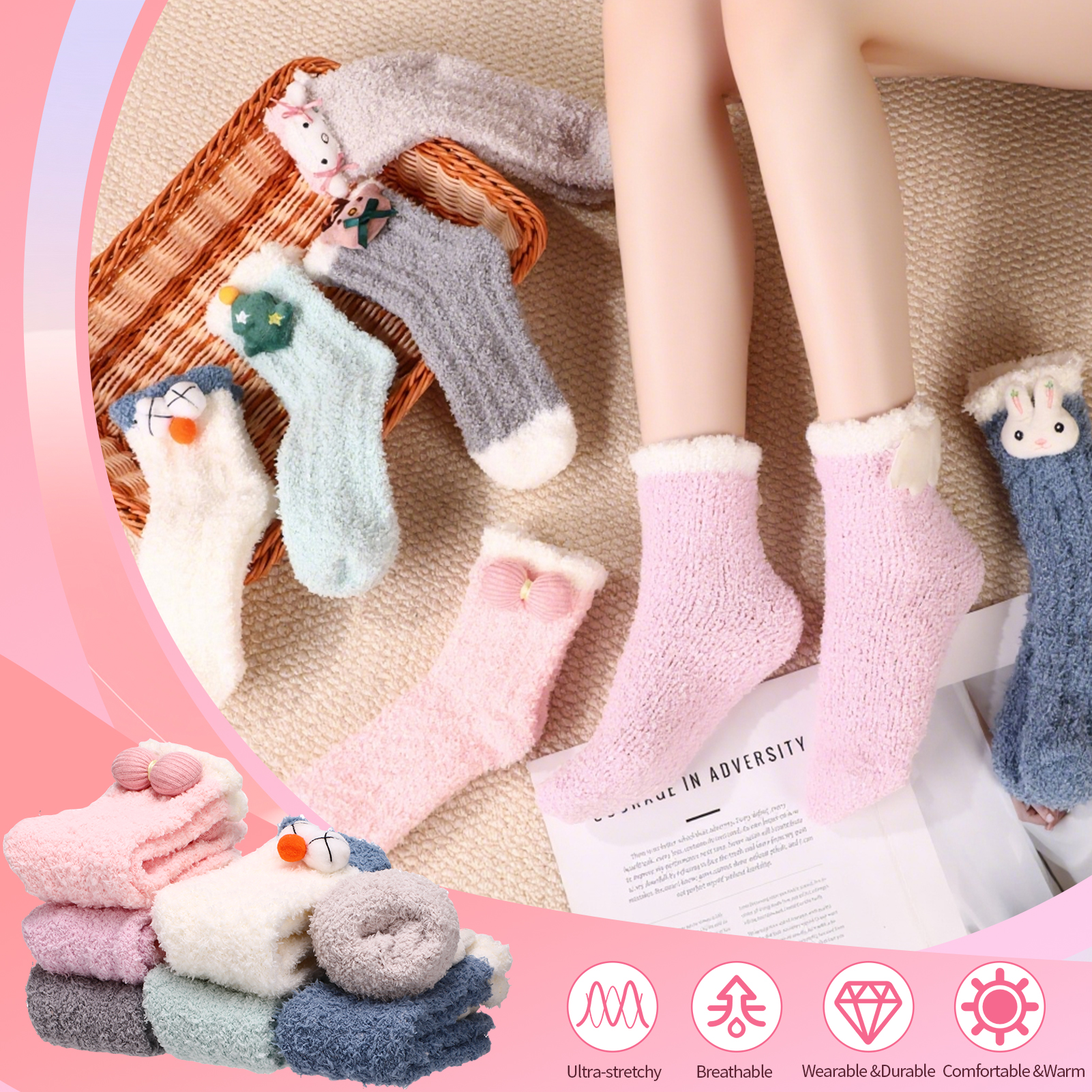 Bocaoying 7 Pairs Women Fuzzy Socks Winter, Cute Funny Slipper Socks Floor Socks, Christmas Socks with Animal Patterns, Warm Coral Fleece Socks, Cozy Fluffy Socks for Sleeping and Outdoor Warmth