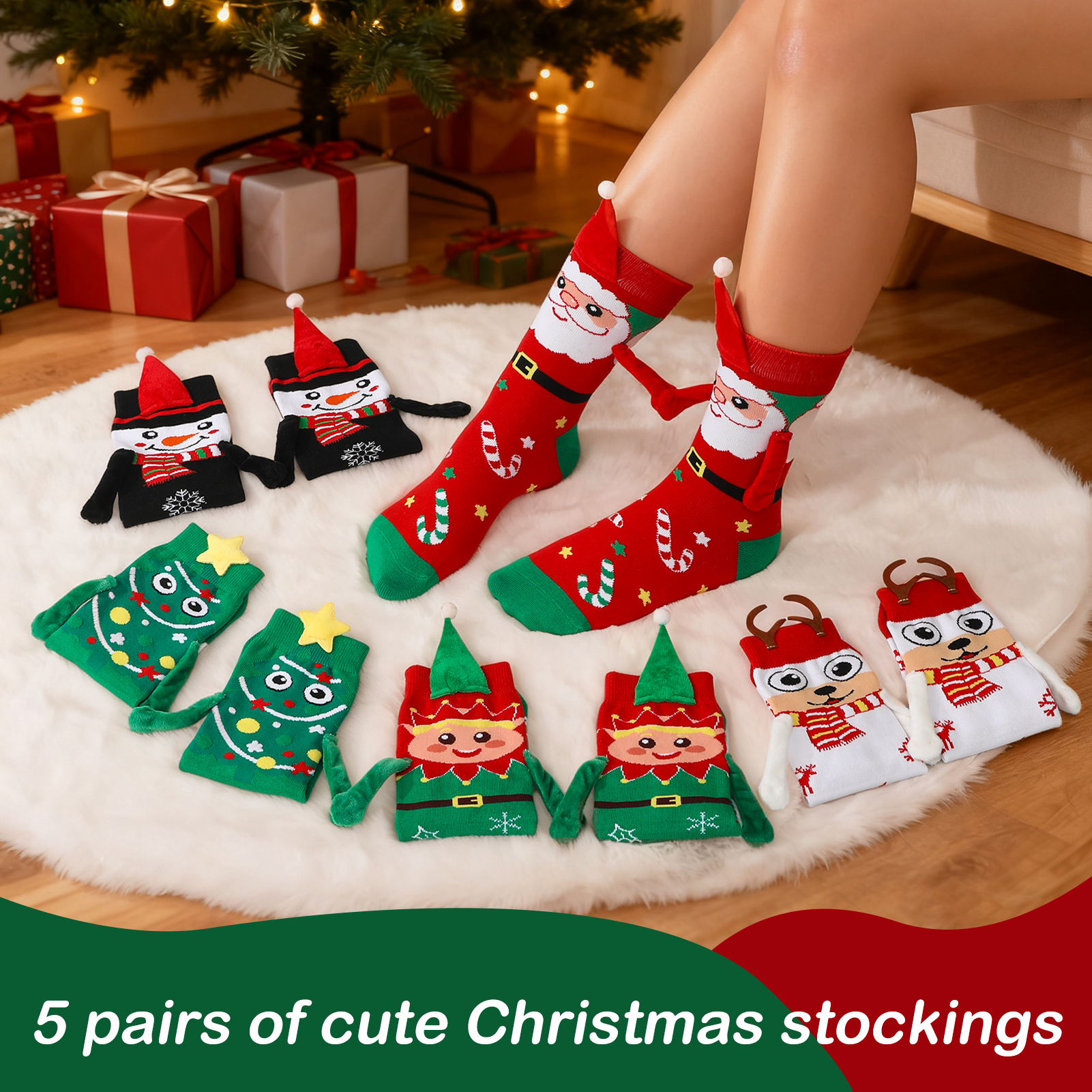 Bocaoying 5 Pairs Funny Christmas Socks, Magnetic Hand Holding Socks, Christmas Stocking Stuffers for Women Men Couples, Xmas Gag Gifts