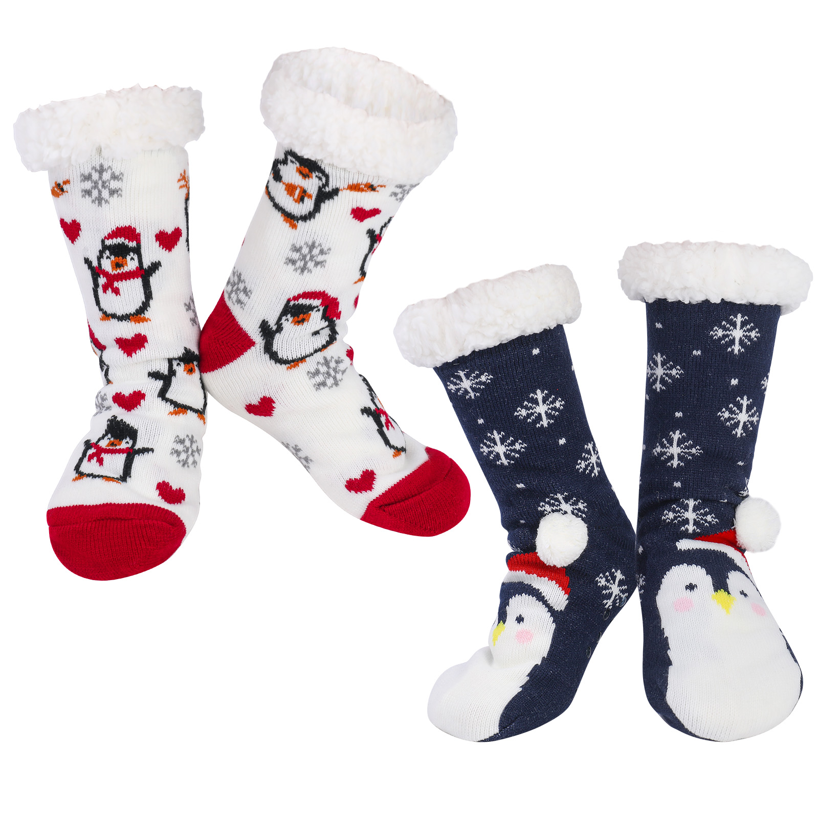 Bocaoying 2 Pcs Soft Grip Sock Slipper Sock for Women, Fluffy Socks with Penguin and Christmas Design, Lining Plush Edge Floor Socks, Cozy Warm Socks for Gifts, Home, Dark Blue/White, Size 5.5-8.5