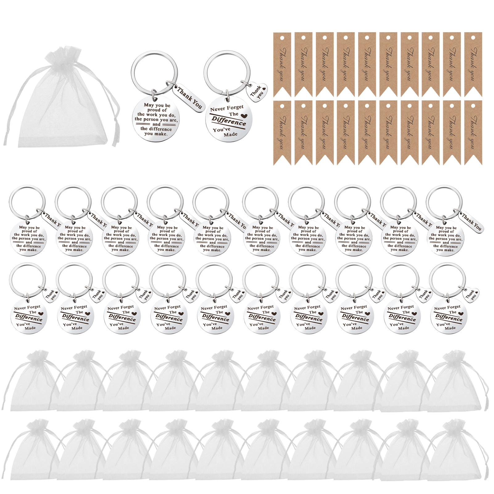 Bocaoying 20 Sets Employee Appreciation Keychains Gifts, 60 Pcs Stainless Steel Thank You Keychains Bulk with Cards and Organza Bags,Thank you Gift for Coworkers, Caregivers, Staff, Sliver