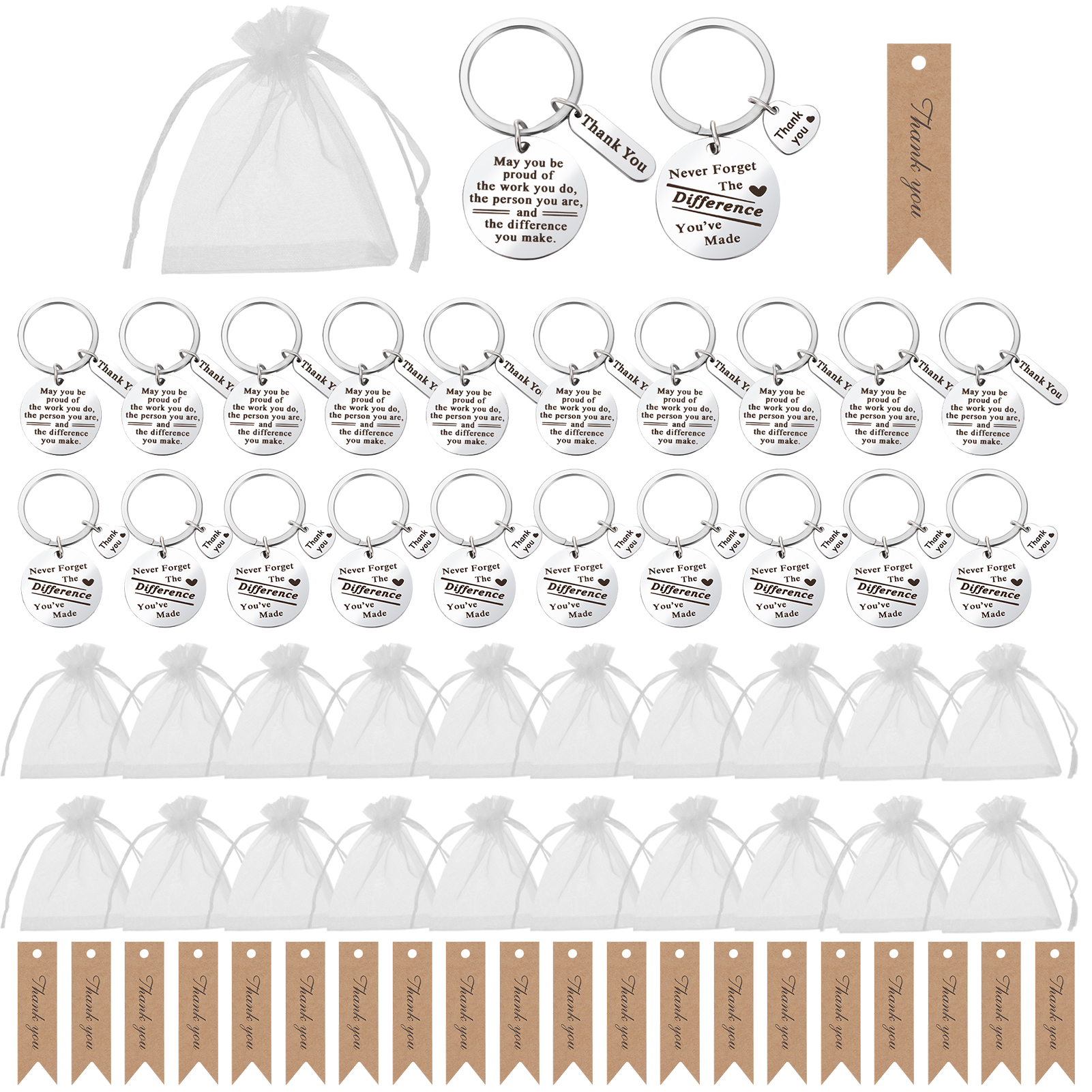 Bocaoying 20 Sets Employee Appreciation Keychains Gifts, 60 Pcs Stainless Steel Thank You Keychains Bulk with Cards and Organza Bags,Thank you Gift for Coworkers, Caregivers, Staff, Sliver