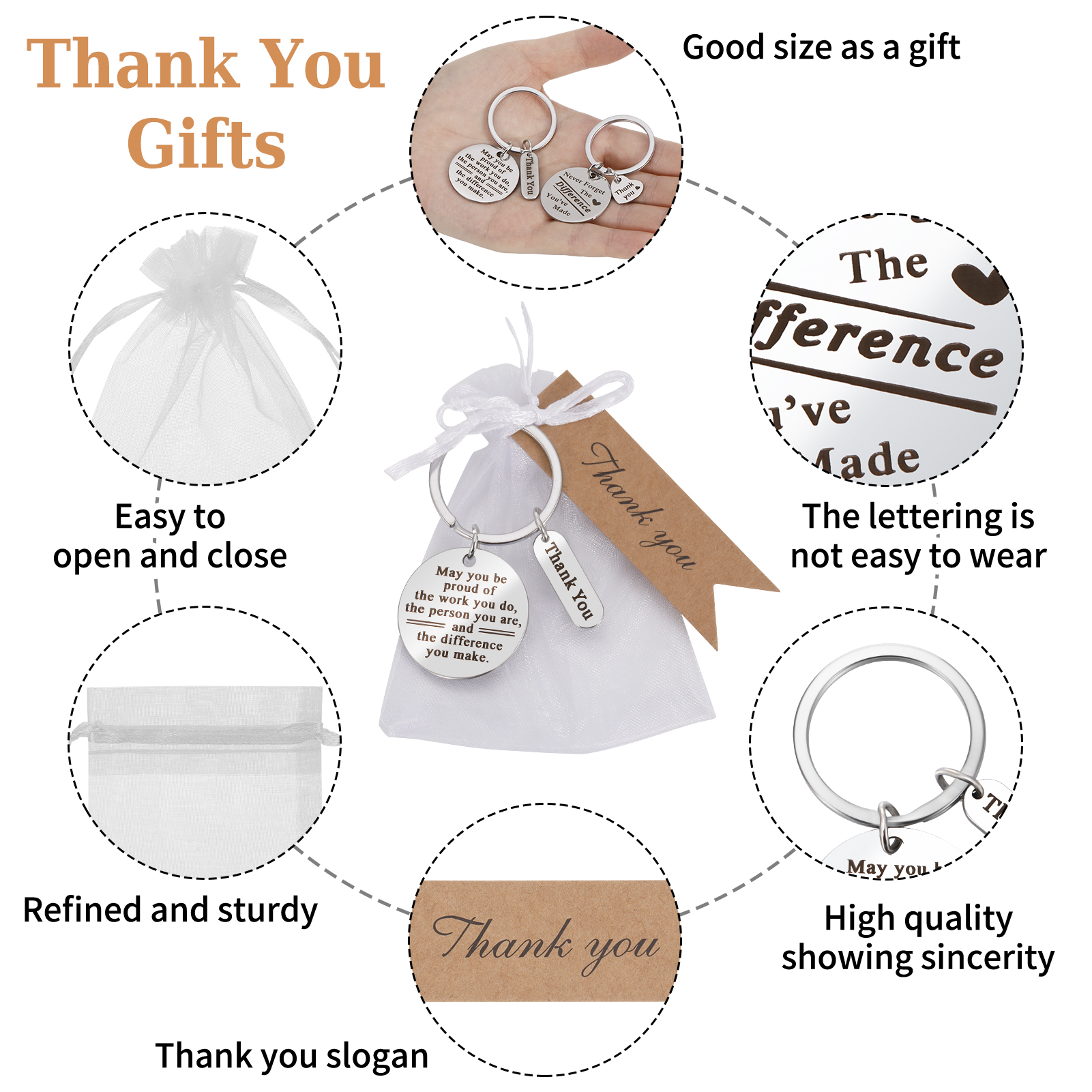 Bocaoying 20 Sets Employee Appreciation Keychains Gifts, 60 Pcs Stainless Steel Thank You Keychains Bulk with Cards and Organza Bags,Thank you Gift for Coworkers, Caregivers, Staff, Sliver
