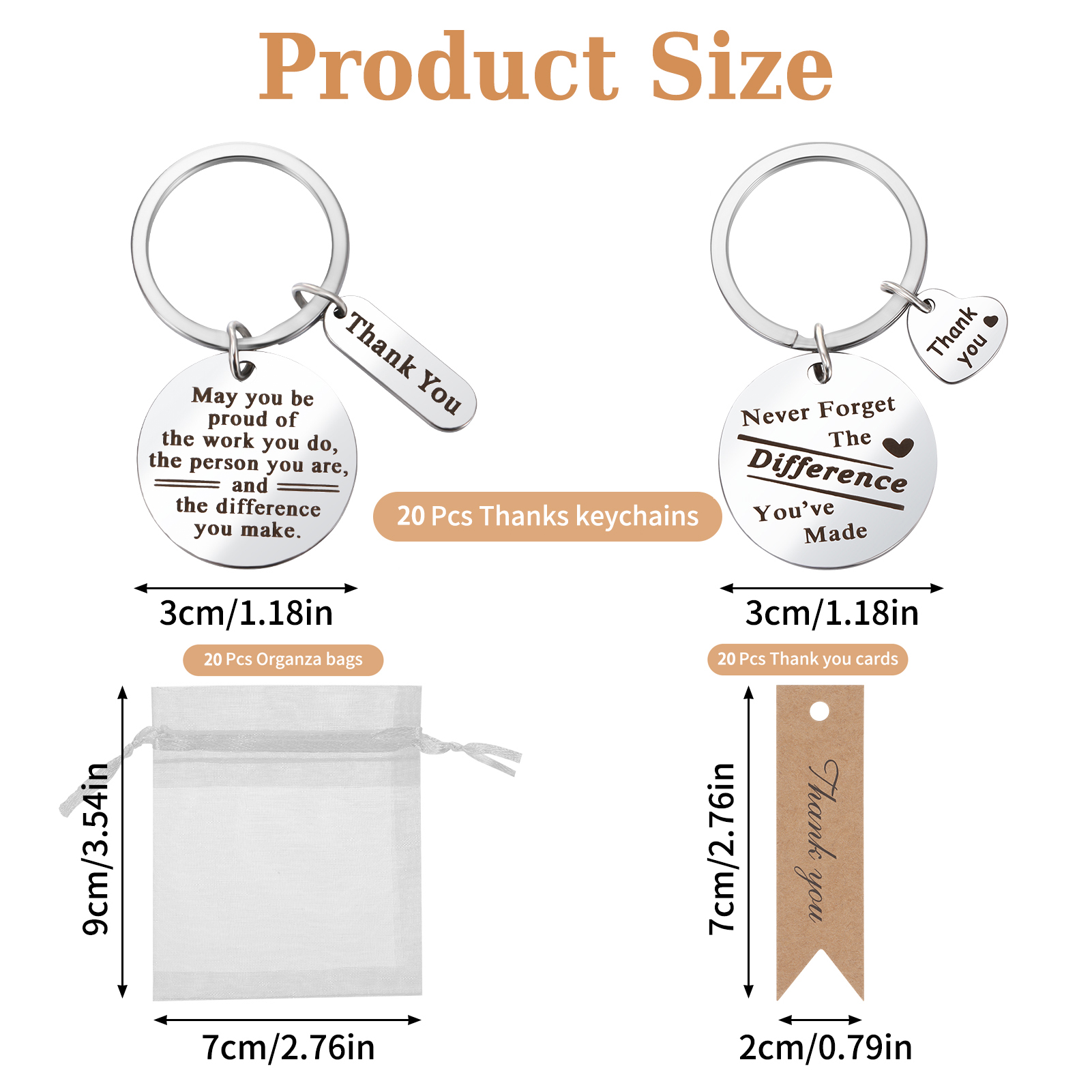 Bocaoying 20 Sets Employee Appreciation Keychains Gifts, 60 Pcs Stainless Steel Thank You Keychains Bulk with Cards and Organza Bags,Thank you Gift for Coworkers, Caregivers, Staff, Sliver