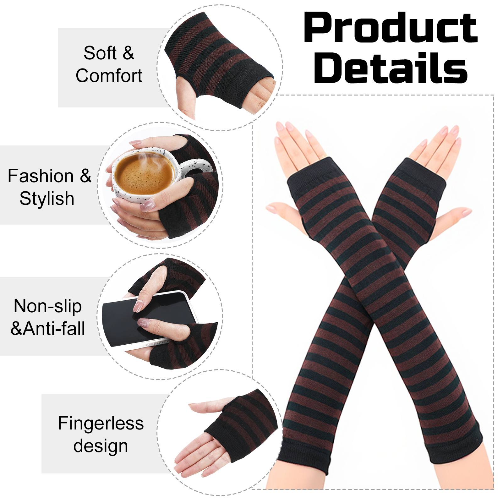 Bocaoying 8 Pairs Arm Warmers For Women, 13 inches Fingerless Gloves, Long Gloves Winter Mittens Length Knitted Arm Warmers, Striped Arm Warmers for Women Girls