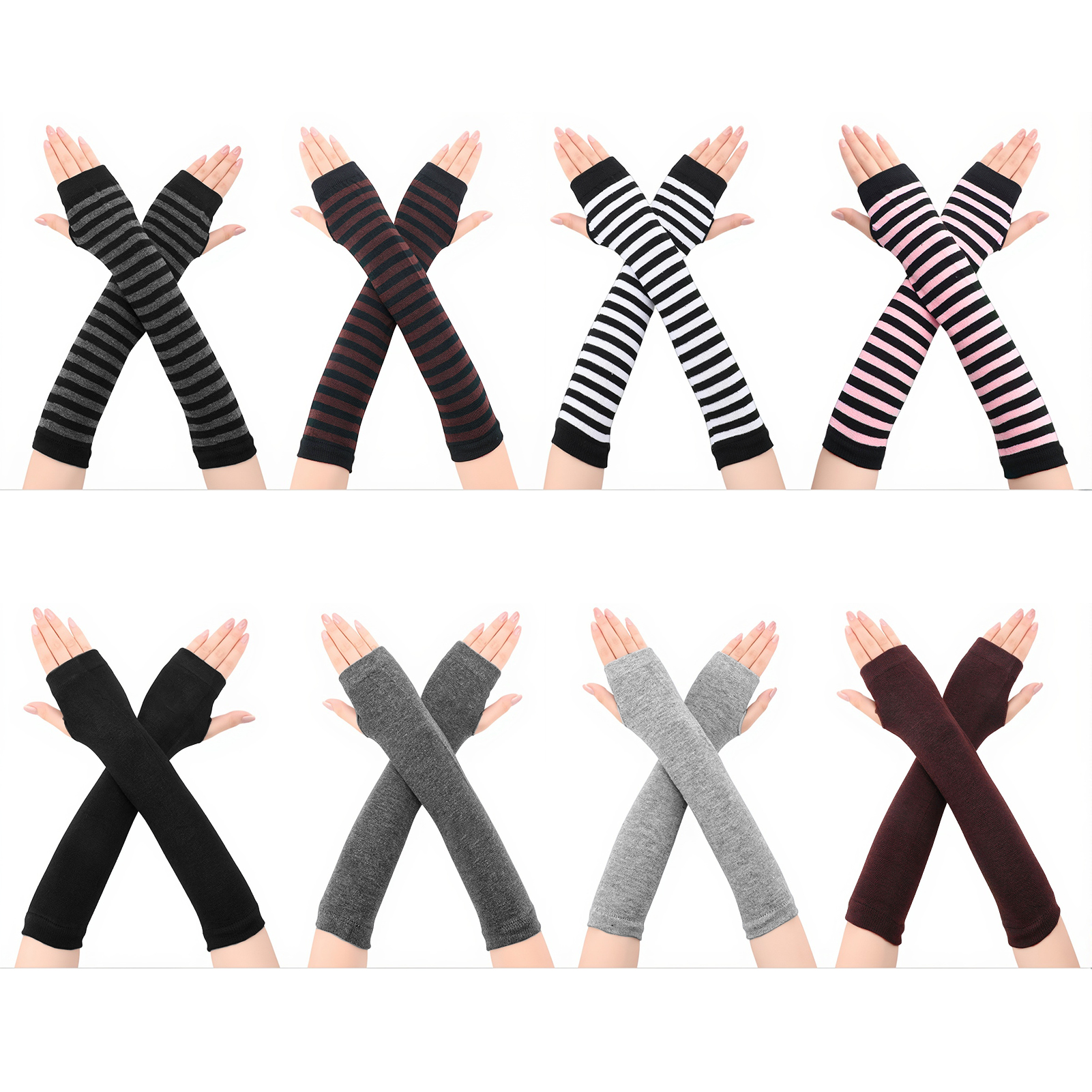 Bocaoying 8 Pairs Arm Warmers For Women, 13 inches Fingerless Gloves, Long Gloves Winter Mittens Length Knitted Arm Warmers, Striped Arm Warmers for Women Girls