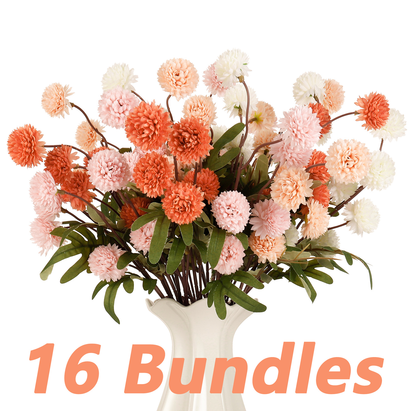 Armscye 16 Pcs Fake Fall Flowers, Silk Pompon Mum Artificial Flowers with Long Stems, Fall Decor for DIY Bouquet Centerpieces, Wedding Arrangements, Table Decor - No Vase Included