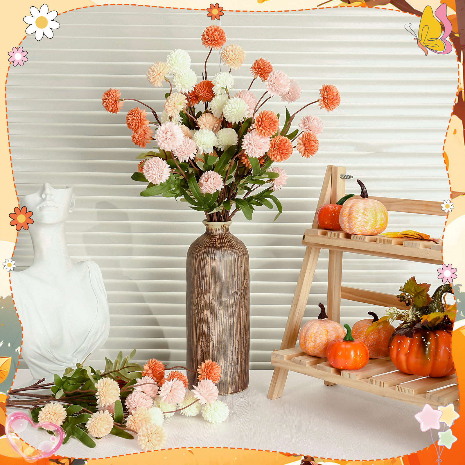 Armscye 16 Pcs Fake Fall Flowers, Silk Pompon Mum Artificial Flowers with Long Stems, Fall Decor for DIY Bouquet Centerpieces, Wedding Arrangements, Table Decor - No Vase Included