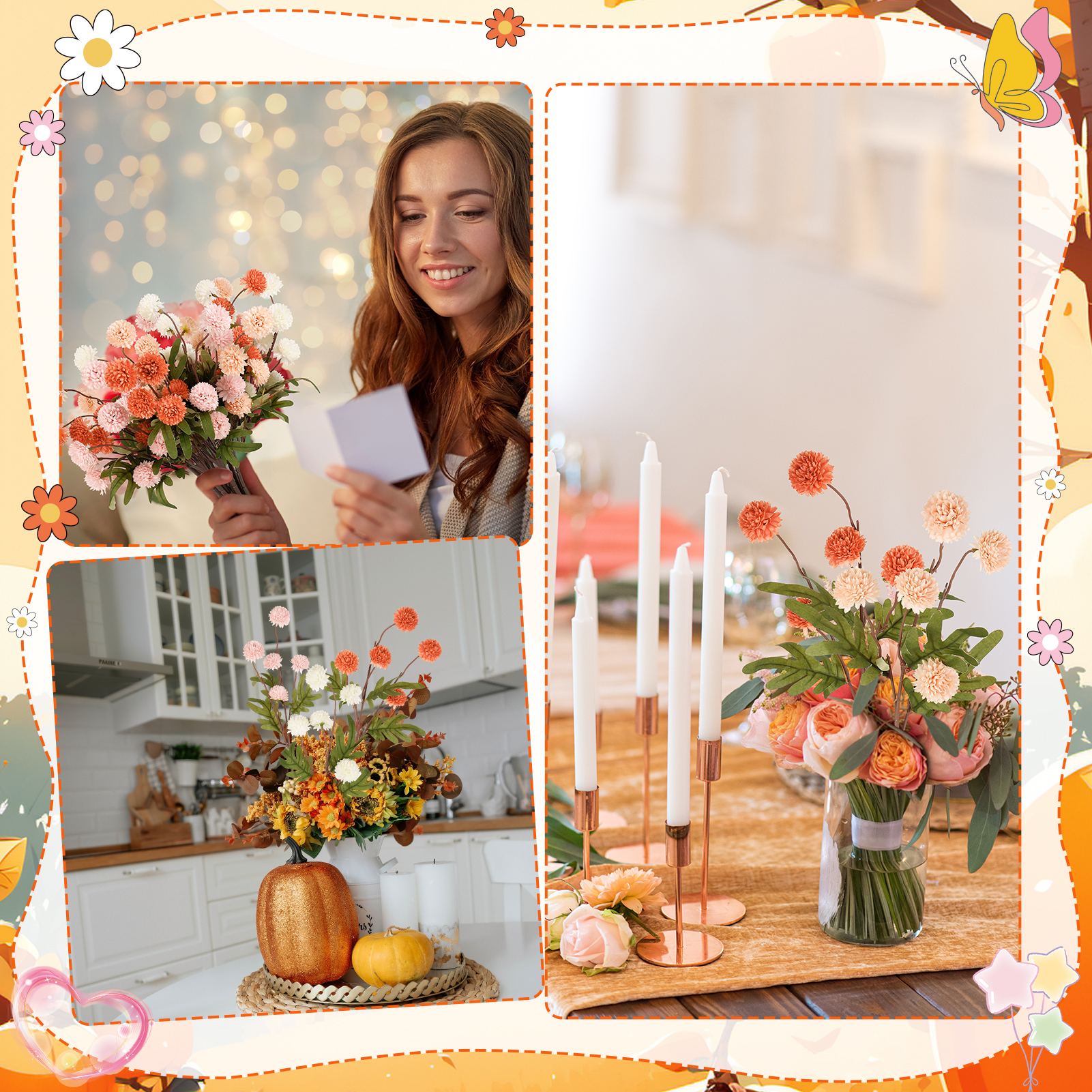 Armscye 16 Pcs Fake Fall Flowers, Silk Pompon Mum Artificial Flowers with Long Stems, Fall Decor for DIY Bouquet Centerpieces, Wedding Arrangements, Table Decor - No Vase Included