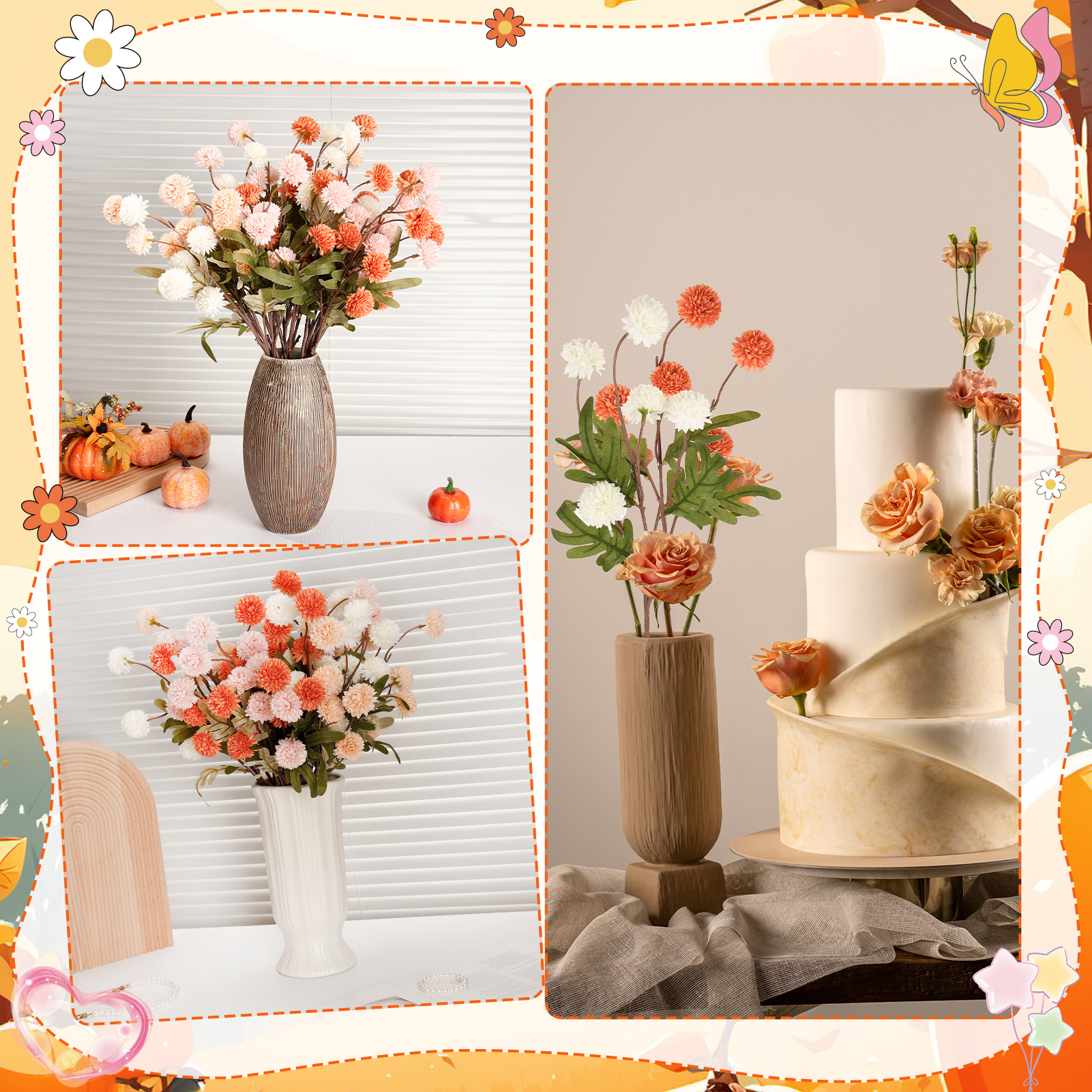 Armscye 16 Pcs Fake Fall Flowers, Silk Pompon Mum Artificial Flowers with Long Stems, Fall Decor for DIY Bouquet Centerpieces, Wedding Arrangements, Table Decor - No Vase Included