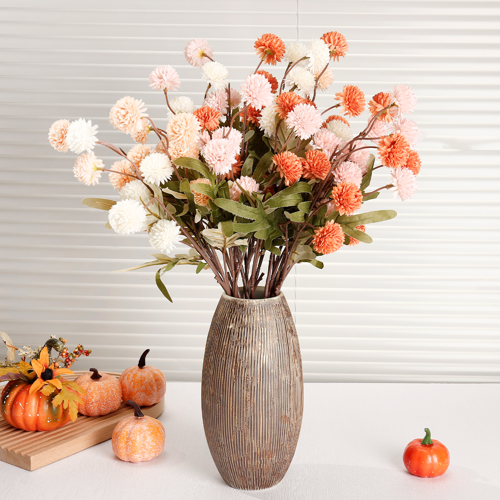Armscye 16 Pcs Fake Fall Flowers, Silk Pompon Mum Artificial Flowers with Long Stems, Fall Decor for DIY Bouquet Centerpieces, Wedding Arrangements, Table Decor - No Vase Included