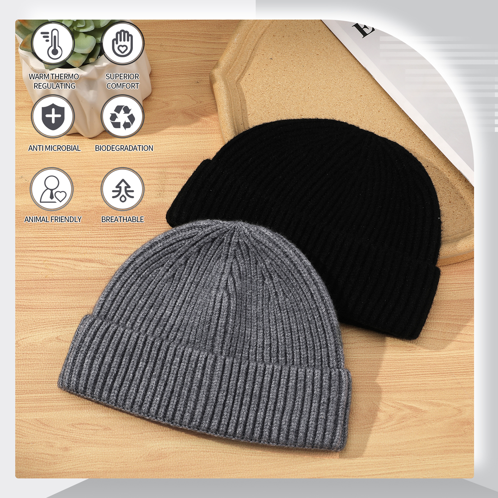 Bocaoying 2 Pack Ribbed Knit Beanie Hat for Men Women, Thick Knit Acrylic Blend Fisherman Hat, Thermal Windproof Winter Trawler Cap for Skiing, Hiking, Biking, One Size, Grey/Black