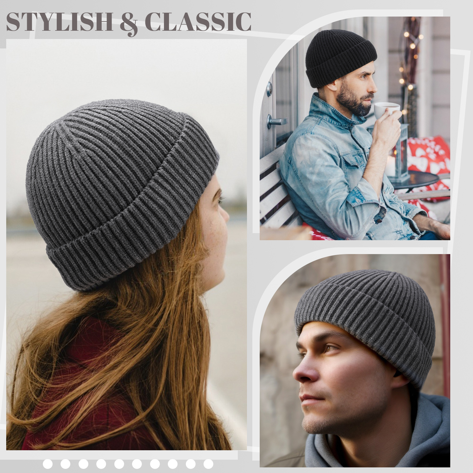 Bocaoying 2 Pack Ribbed Knit Beanie Hat for Men Women, Thick Knit Acrylic Blend Fisherman Hat, Thermal Windproof Winter Trawler Cap for Skiing, Hiking, Biking, One Size, Grey/Black