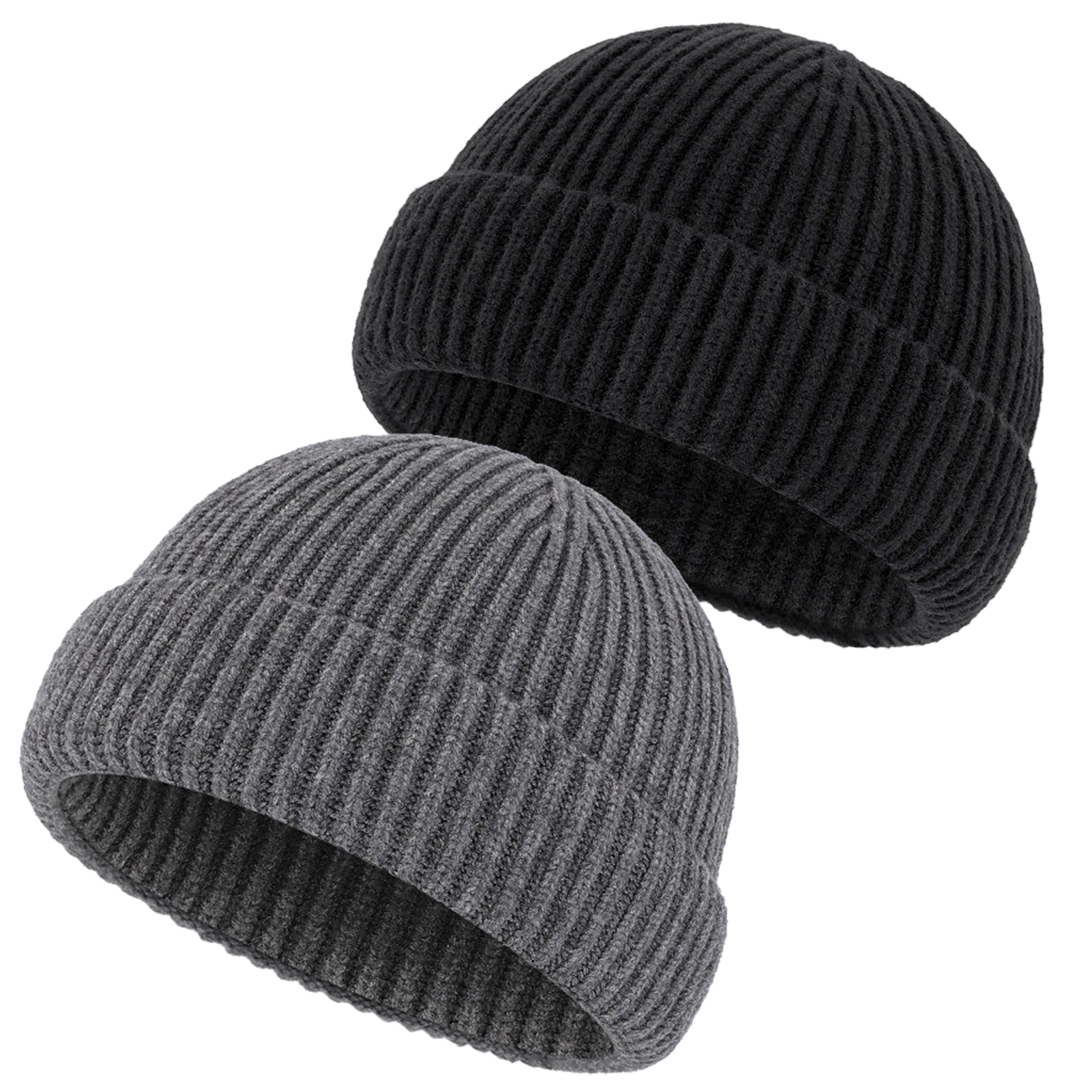 Bocaoying 2 Pack Ribbed Knit Beanie Hat for Men Women, Thick Knit Acrylic Blend Fisherman Hat, Thermal Windproof Winter Trawler Cap for Skiing, Hiking, Biking, One Size, Grey/Black