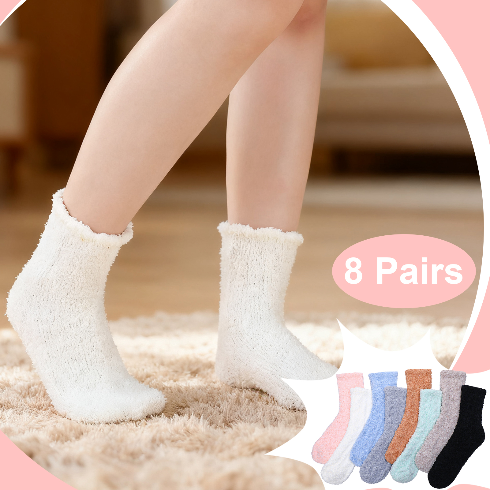 Bocaoying 8 Pair Fuzzy Socks for Women,Soft Warm Floor Coral Fleece Sock,Premium Microfiber Plush Slipper Sock for Sleeping,Lounging and Gifts,Size 5-11, Black/White/Grey/Pink/ Blue/Khaki/Green/Brown