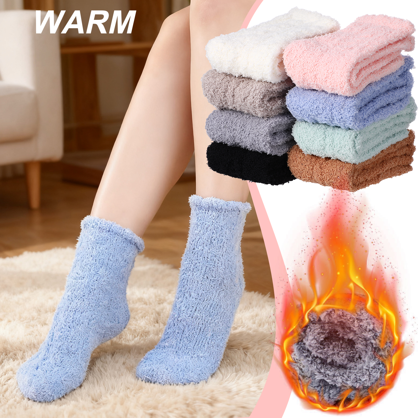 Bocaoying 8 Pair Fuzzy Socks for Women,Soft Warm Floor Coral Fleece Sock,Premium Microfiber Plush Slipper Sock for Sleeping,Lounging and Gifts,Size 5-11, Black/White/Grey/Pink/ Blue/Khaki/Green/Brown