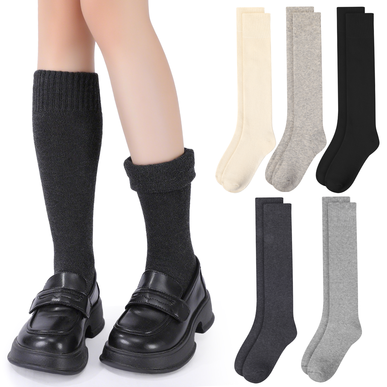 Bocaoying 5 Pairs Long Boot Socks for Women,Lined Slouch Knee High Socks,Winter Calf Socks for Outside and Home,One Size 6.5-10,Dark Grey/Black/Khaki/Light Grey/Beige