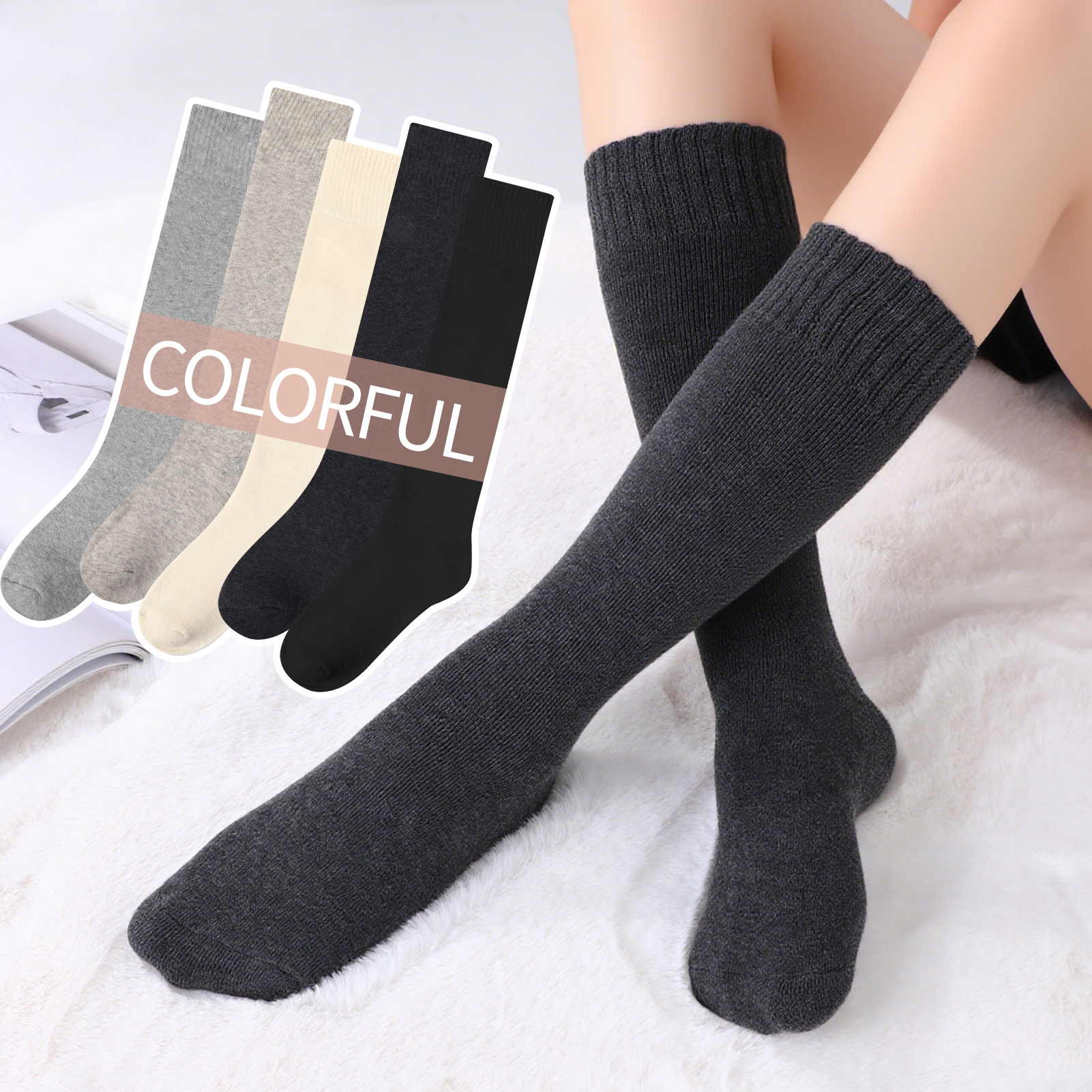 Bocaoying 5 Pairs Long Boot Socks for Women,Lined Slouch Knee High Socks,Winter Calf Socks for Outside and Home,One Size 6.5-10,Dark Grey/Black/Khaki/Light Grey/Beige