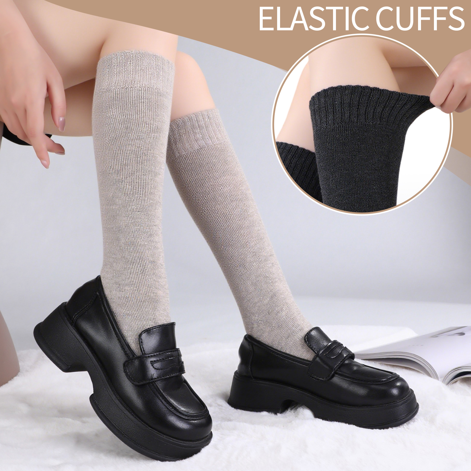 Bocaoying 5 Pairs Long Boot Socks for Women,Lined Slouch Knee High Socks,Winter Calf Socks for Outside and Home,One Size 6.5-10,Dark Grey/Black/Khaki/Light Grey/Beige