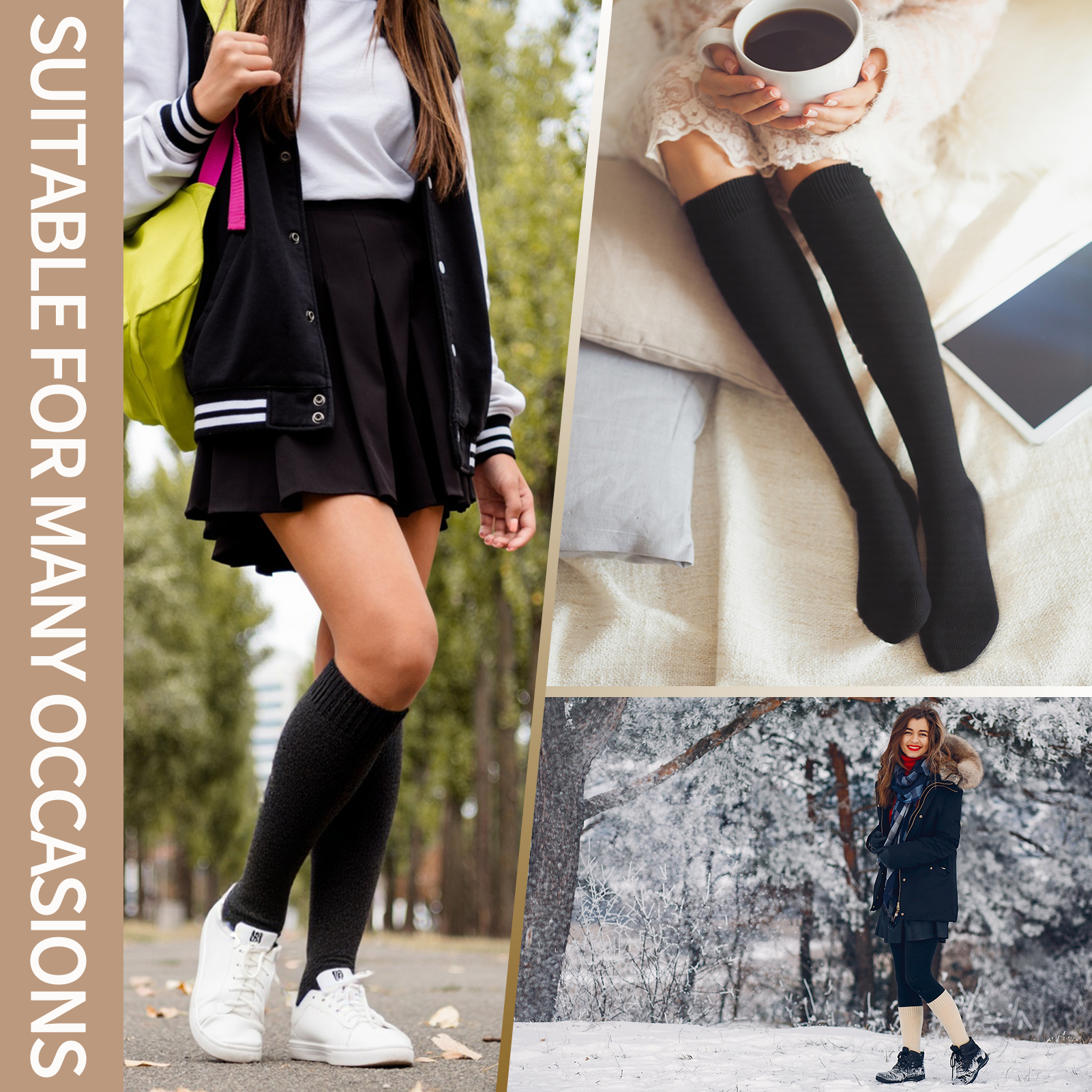 Bocaoying 5 Pairs Long Boot Socks for Women,Lined Slouch Knee High Socks,Winter Calf Socks for Outside and Home,One Size 6.5-10,Dark Grey/Black/Khaki/Light Grey/Beige