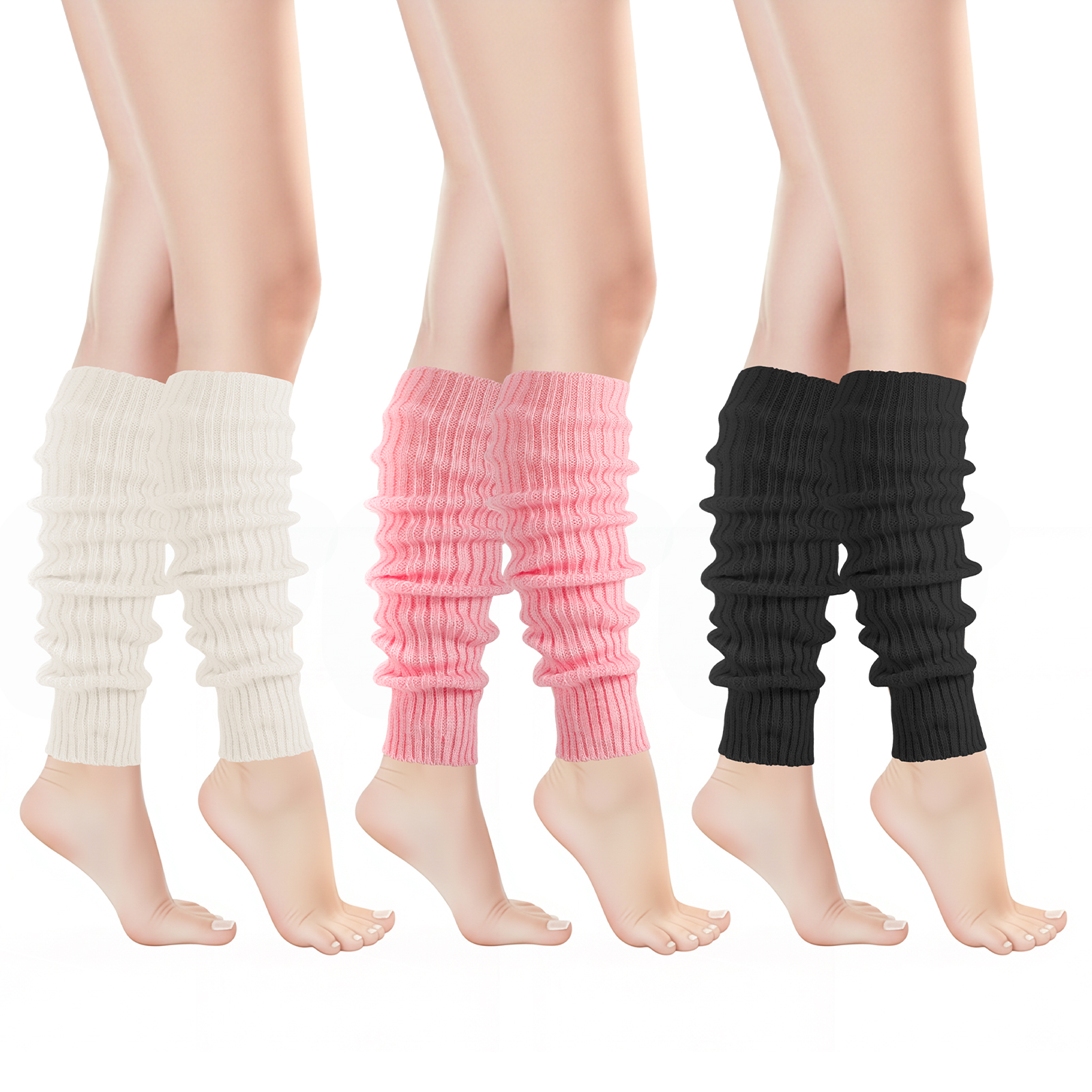 Bocaoying 3 Pack Rib Knit Leg Warmers for Women, Acrylic Leg Warmer Socks with Ruffle, Soft Stretchy Ankle Warmers for Boots, Y2K Striped Style Leg Covers for Women Outside, Black/Pink/White