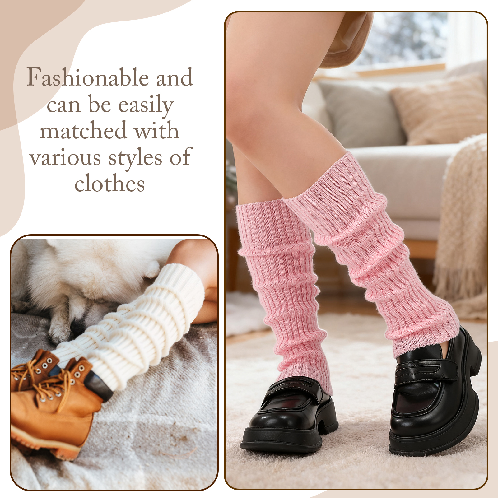 Bocaoying 3 Pack Rib Knit Leg Warmers for Women, Acrylic Leg Warmer Socks with Ruffle, Soft Stretchy Ankle Warmers for Boots, Y2K Striped Style Leg Covers for Women Outside, Black/Pink/White