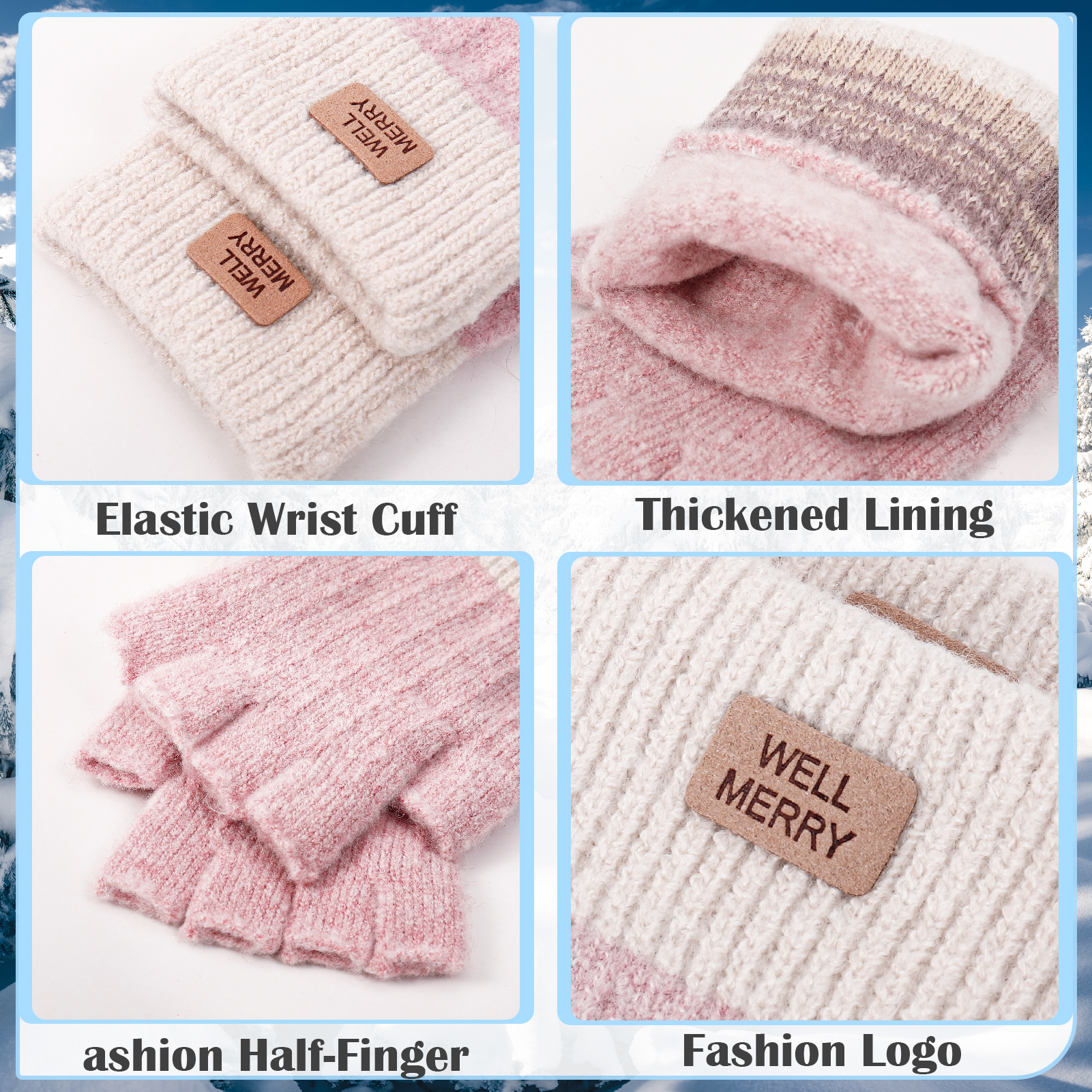Bocaoying 6 Pairs Fingerless Gloves for Women, Warm Winter Thermal Gloves Knitted Soft Half Fingers Mittens for Driving Working Typing