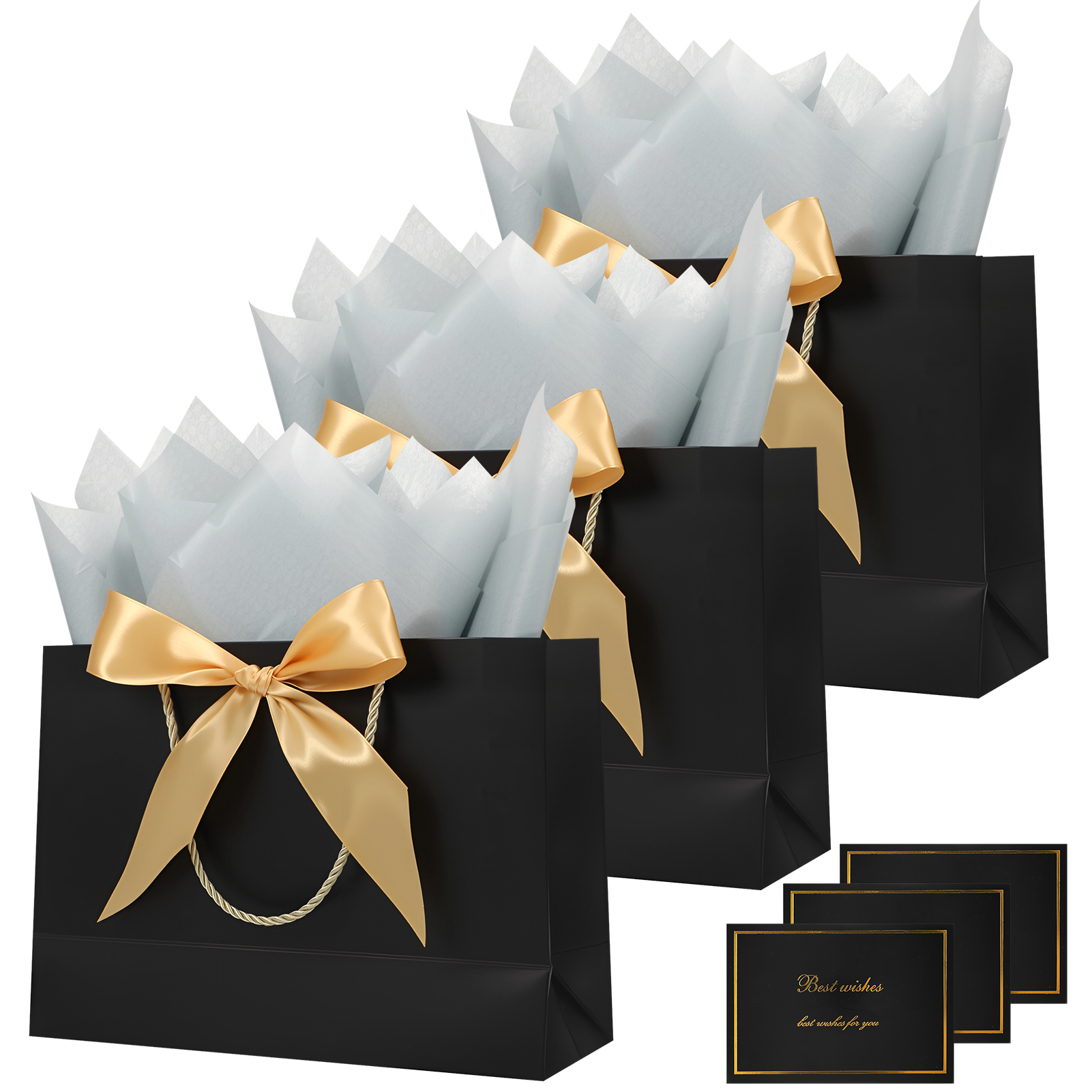 sixwipe 3 Pcs Elegant Gift Bags Gift Boxes, Black and Gold Present Bags with Ribbon, Tissue Paper and Card, Reusable Pouches for Birthday, Christmas, and Small Business Essentials