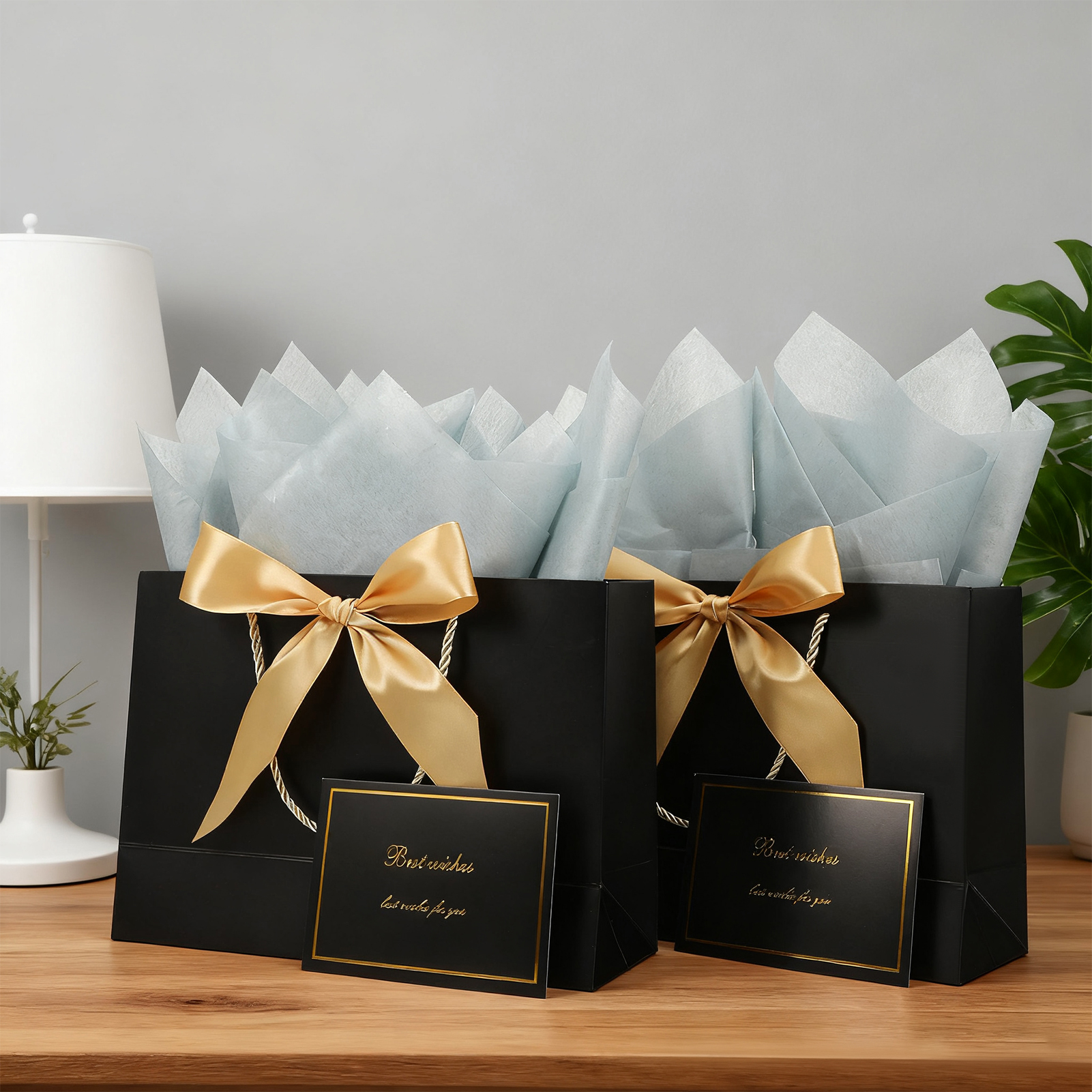 sixwipe 3 Pcs Elegant Gift Bags Gift Boxes, Black and Gold Present Bags with Ribbon, Tissue Paper and Card, Reusable Pouches for Birthday, Christmas, and Small Business Essentials