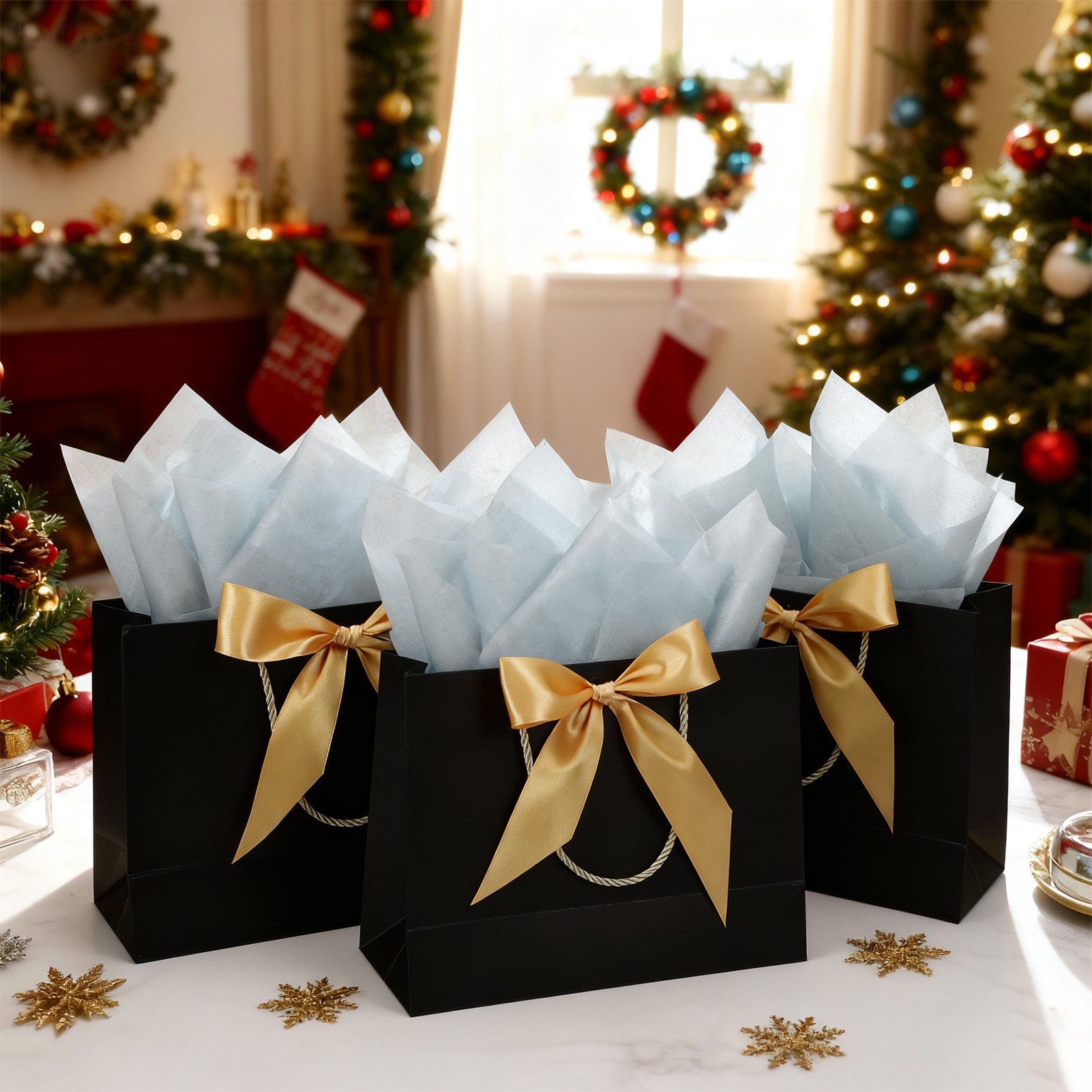 sixwipe 3 Pcs Elegant Gift Bags Gift Boxes, Black and Gold Present Bags with Ribbon, Tissue Paper and Card, Reusable Pouches for Birthday, Christmas, and Small Business Essentials