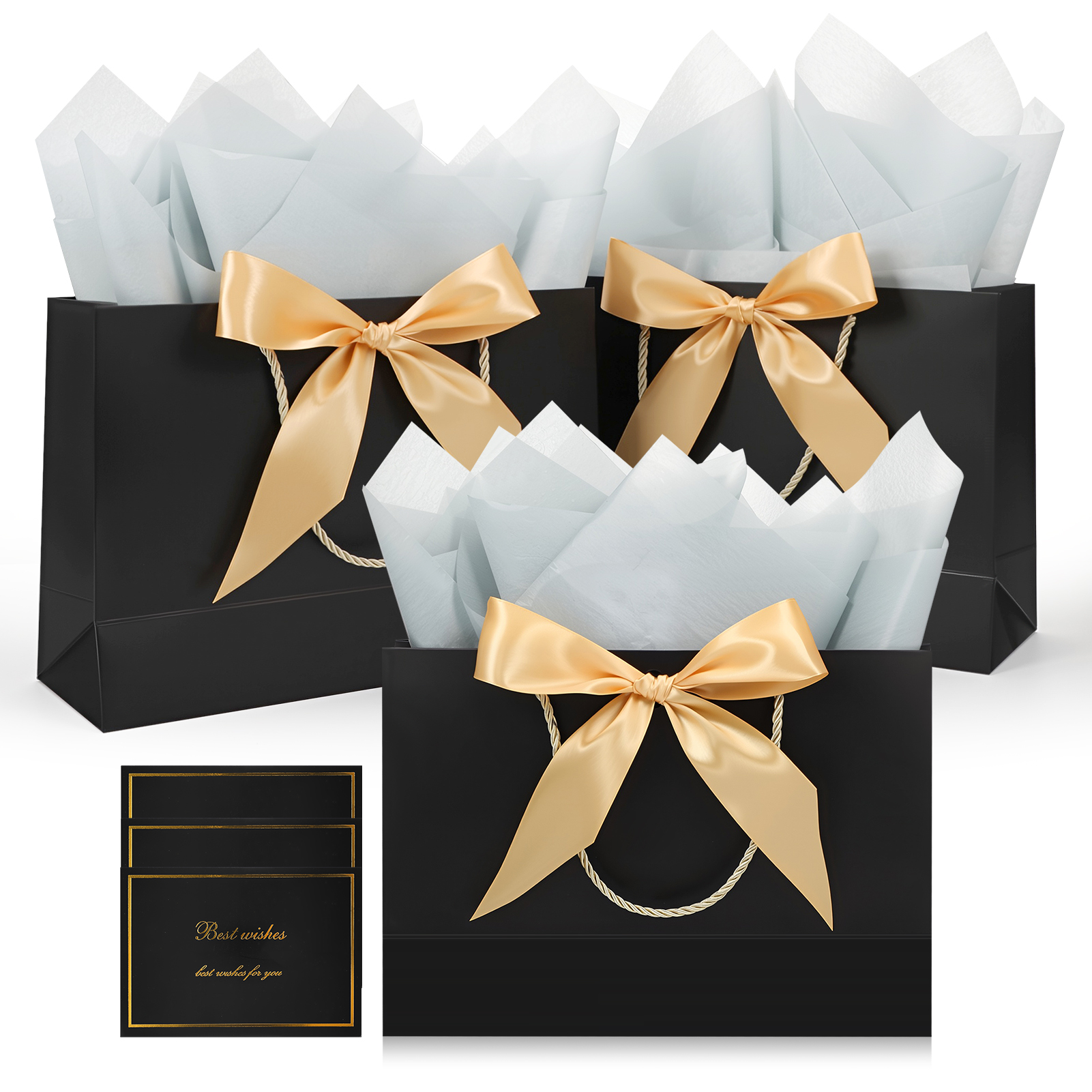 sixwipe 3 Pcs Elegant Gift Bags Gift Boxes, Black and Gold Present Bags with Ribbon, Tissue Paper and Card, Reusable Pouches for Birthday, Christmas, and Small Business Essentials
