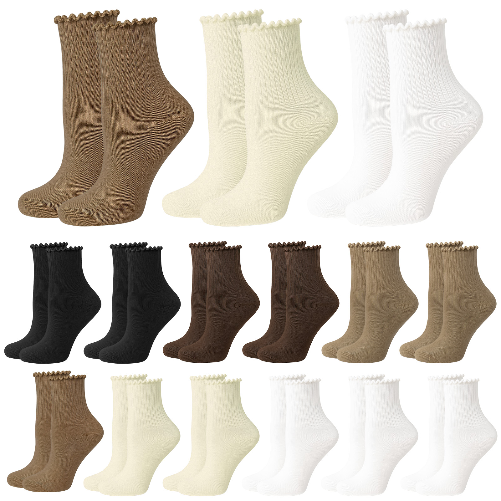 Bocaoying 15 Pairs Women's Ruffle Socks, Soft Breathable Lettuces Edge Crew Socks for Women and Girls, White, Black and Coffee Above Ankle Socks for Casual, Daily Wear, Size 5-9.5