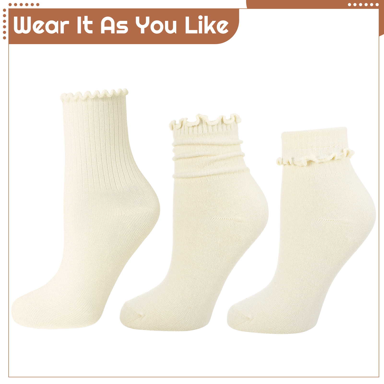 Bocaoying 15 Pairs Women's Ruffle Socks, Soft Breathable Lettuces Edge Crew Socks for Women and Girls, White, Black and Coffee Above Ankle Socks for Casual, Daily Wear, Size 5-9.5