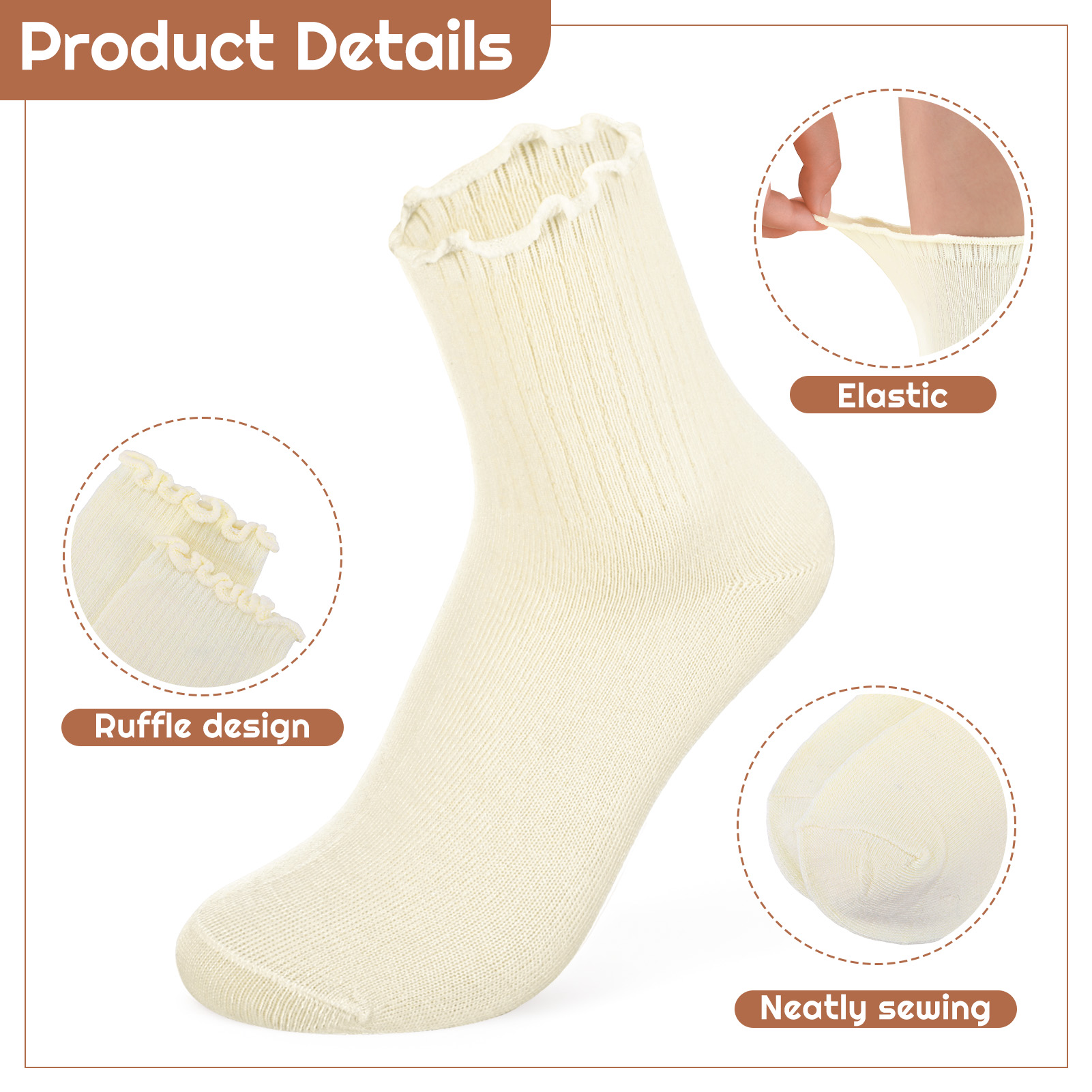 Bocaoying 15 Pairs Women's Ruffle Socks, Soft Breathable Lettuces Edge Crew Socks for Women and Girls, White, Black and Coffee Above Ankle Socks for Casual, Daily Wear, Size 5-9.5