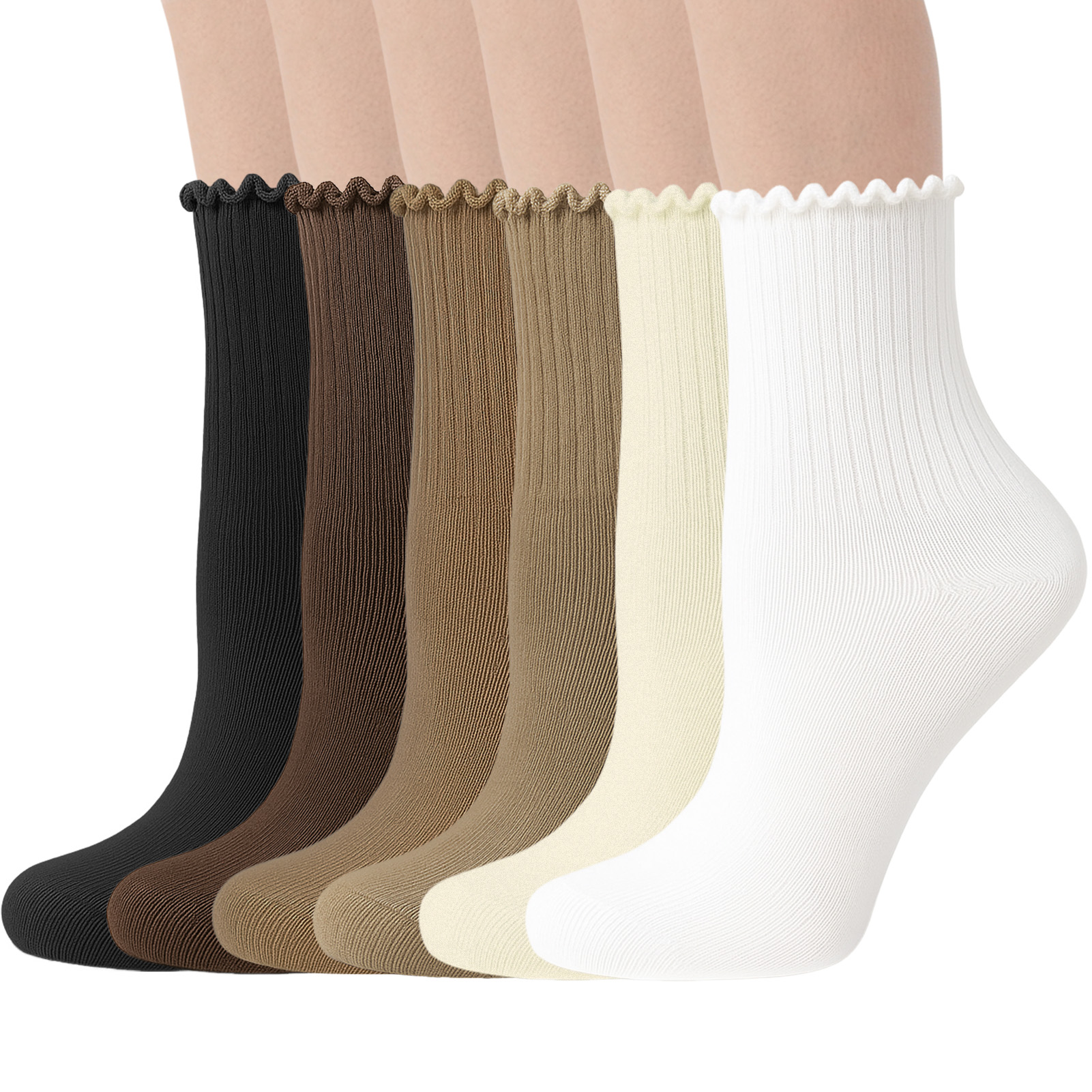Bocaoying 15 Pairs Women's Ruffle Socks, Soft Breathable Lettuces Edge Crew Socks for Women and Girls, White, Black and Coffee Above Ankle Socks for Casual, Daily Wear, Size 5-9.5