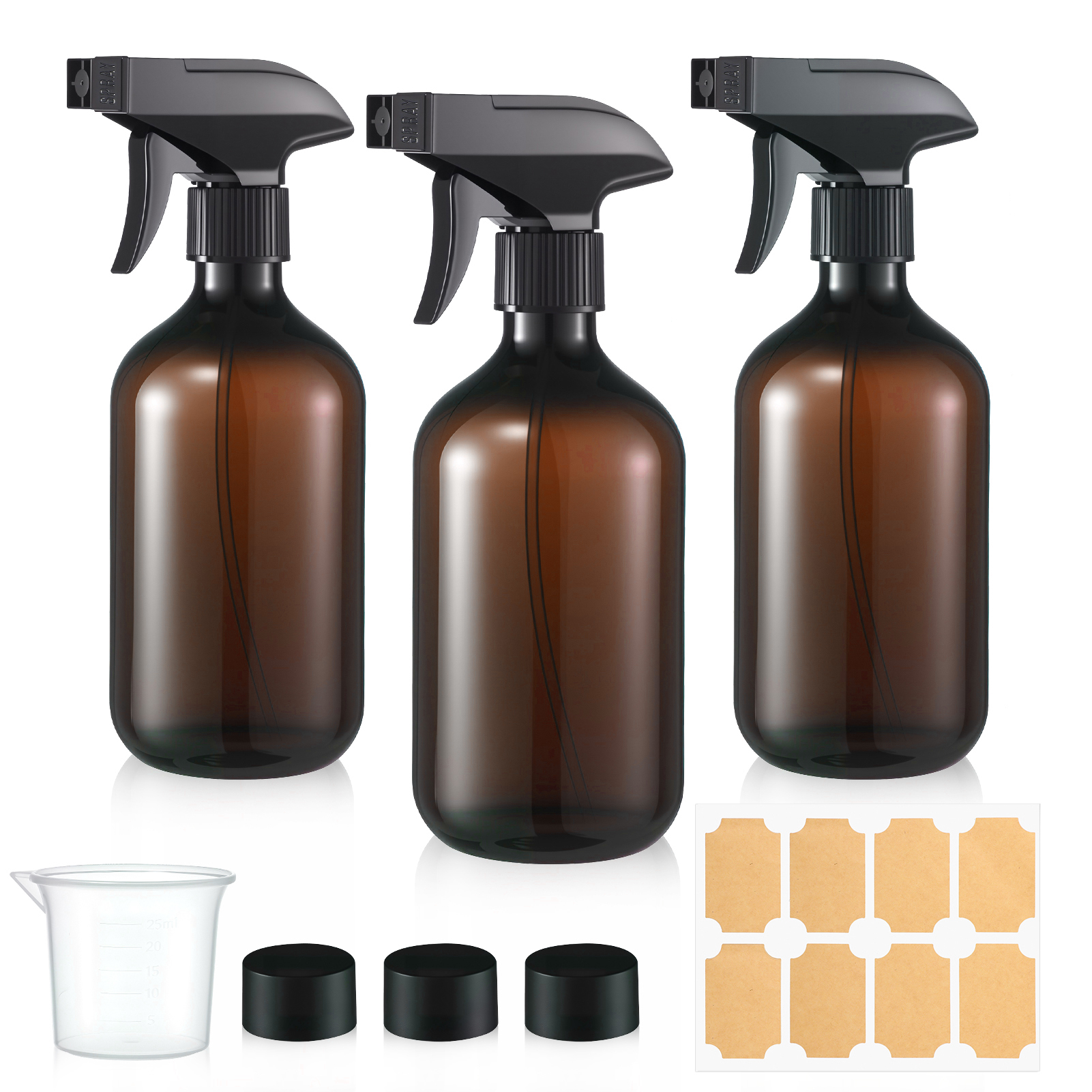Armscye 3 Pack Amber Spray Bottles Empty, 16.9 Oz Plastic Spray Bottle for Cleaning, Adjustable Nozzle Squirt Bottle for Plants Hair, Refillable Spray Container with Free Measuring Cup and Stickers