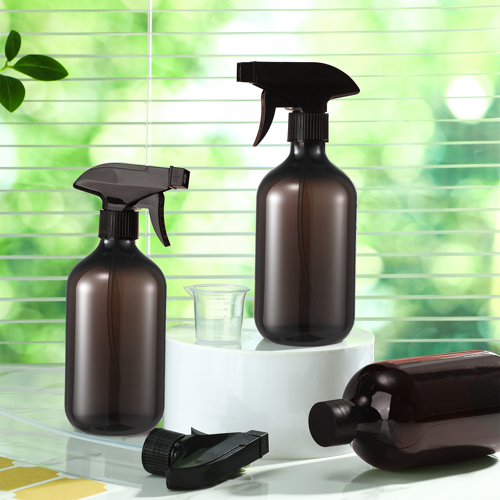 Armscye 3 Pack Amber Spray Bottles Empty, 16.9 Oz Plastic Spray Bottle for Cleaning, Adjustable Nozzle Squirt Bottle for Plants Hair, Refillable Spray Container with Free Measuring Cup and Stickers