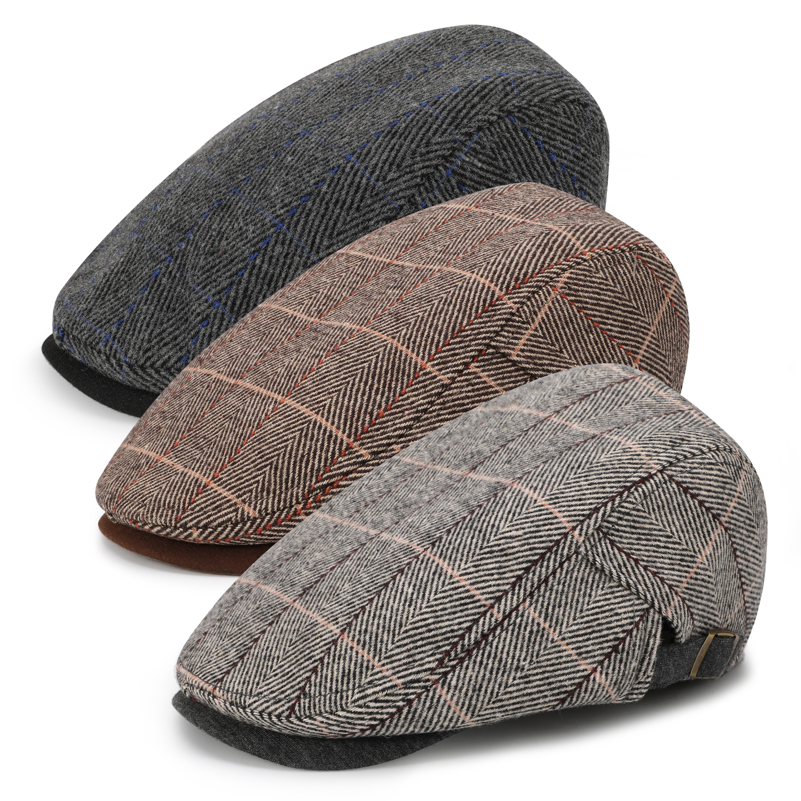 Bocaoying 3 Pcs Newsboy Caps for Men, Adjustable Flat Caps with Cotton Tweed, Beret with Soft Lining and Breathable Sweatband, Classic Peaked Brim Caps for Driving, Casual, Golf, One Size 21.6"-23.6"