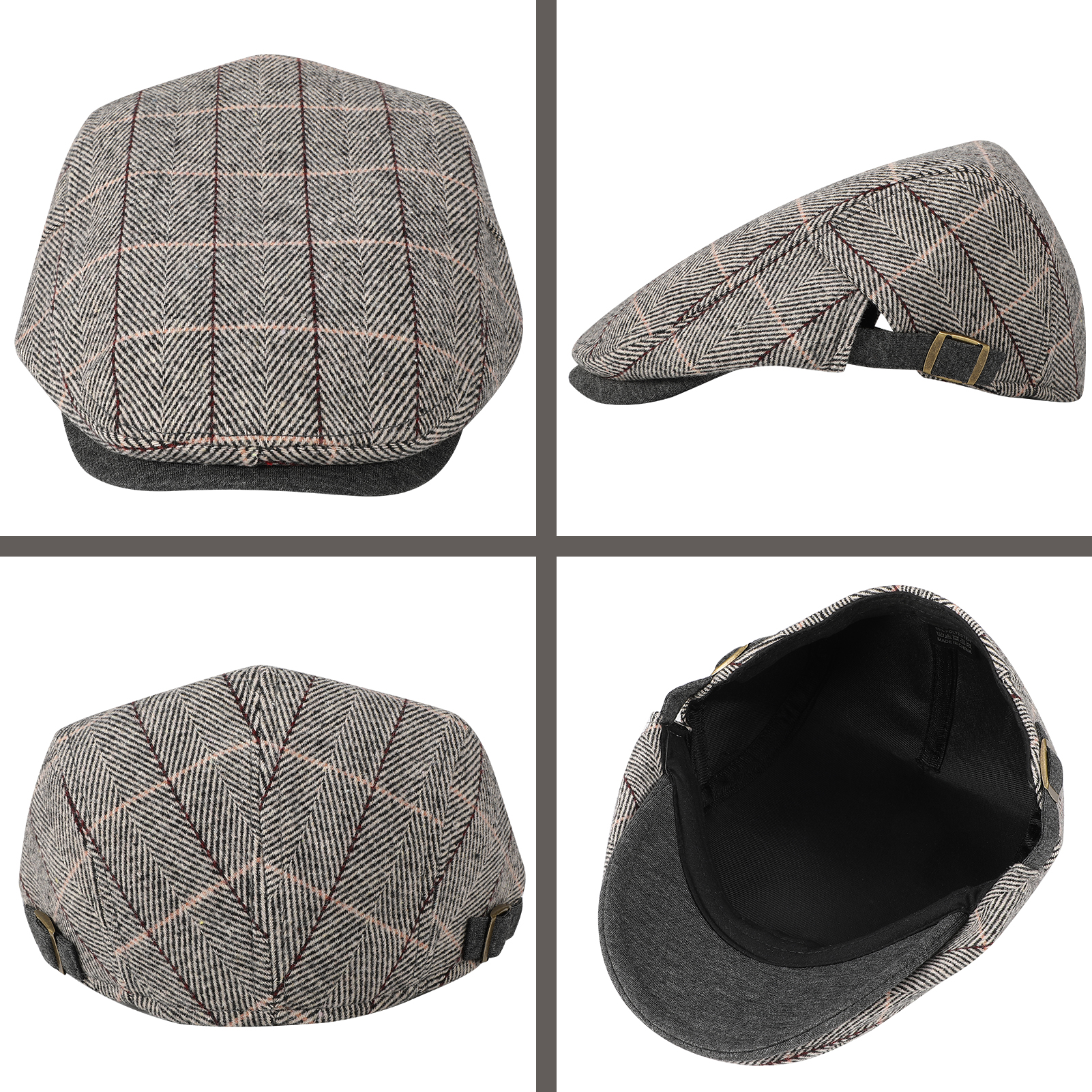 Bocaoying 2 Pcs Newsboy Caps for Men, Adjustable Flat Cap with Cotton Tweed, Beret with Soft Lining Sweatband, Classic Peaked Brim Cap for Driving, Casual, Golf, One Size 21.6"-23.6", Black/Grey