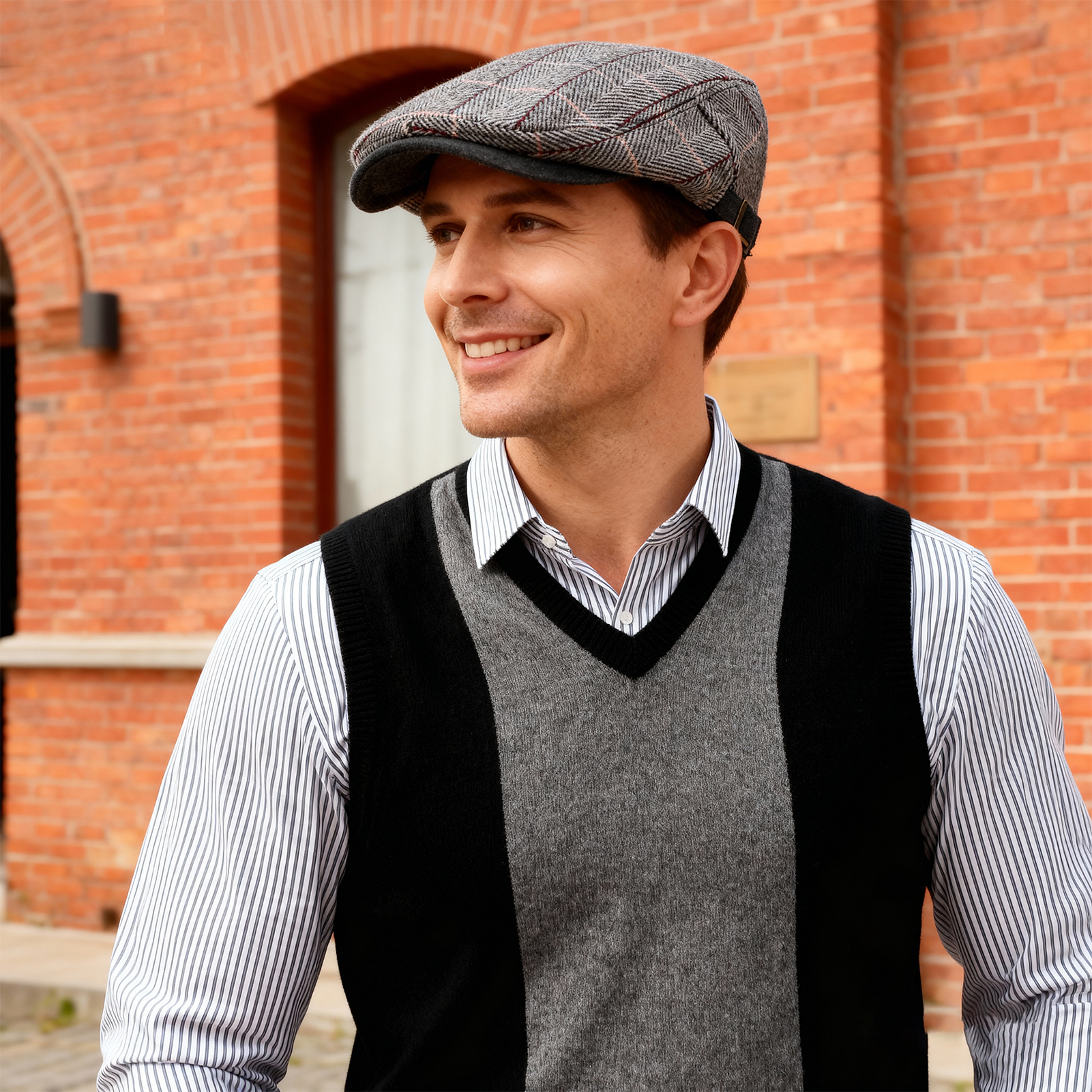 Bocaoying 2 Pcs Newsboy Caps for Men, Adjustable Flat Cap with Cotton Tweed, Beret with Soft Lining Sweatband, Classic Peaked Brim Cap for Driving, Casual, Golf, One Size 21.6"-23.6", Black/Grey