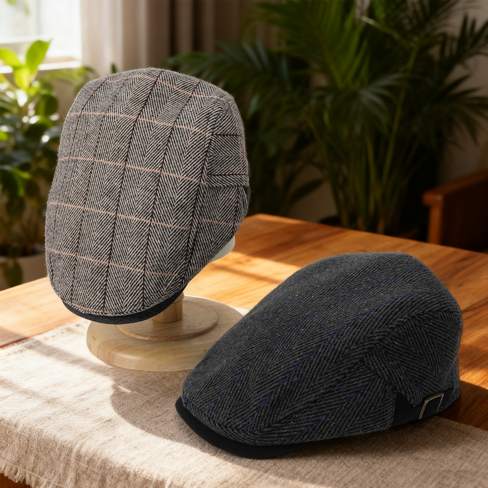 Bocaoying 2 Pcs Newsboy Caps for Men, Adjustable Flat Cap with Cotton Tweed, Beret with Soft Lining Sweatband, Classic Peaked Brim Cap for Driving, Casual, Golf, One Size 21.6"-23.6", Black/Grey