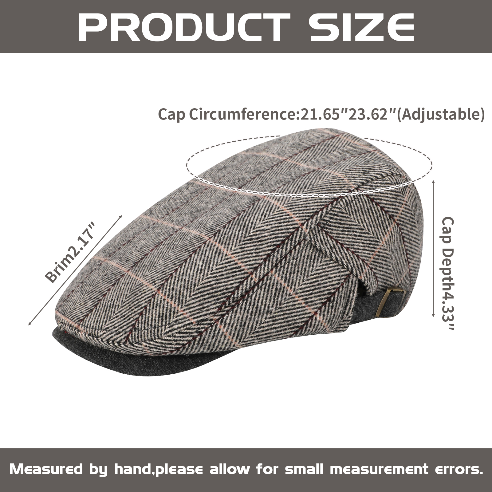 Bocaoying 2 Pcs Newsboy Caps for Men, Adjustable Flat Cap with Cotton Tweed, Beret with Soft Lining Sweatband, Classic Peaked Brim Cap for Driving, Casual, Golf, One Size 21.6"-23.6", Black/Grey
