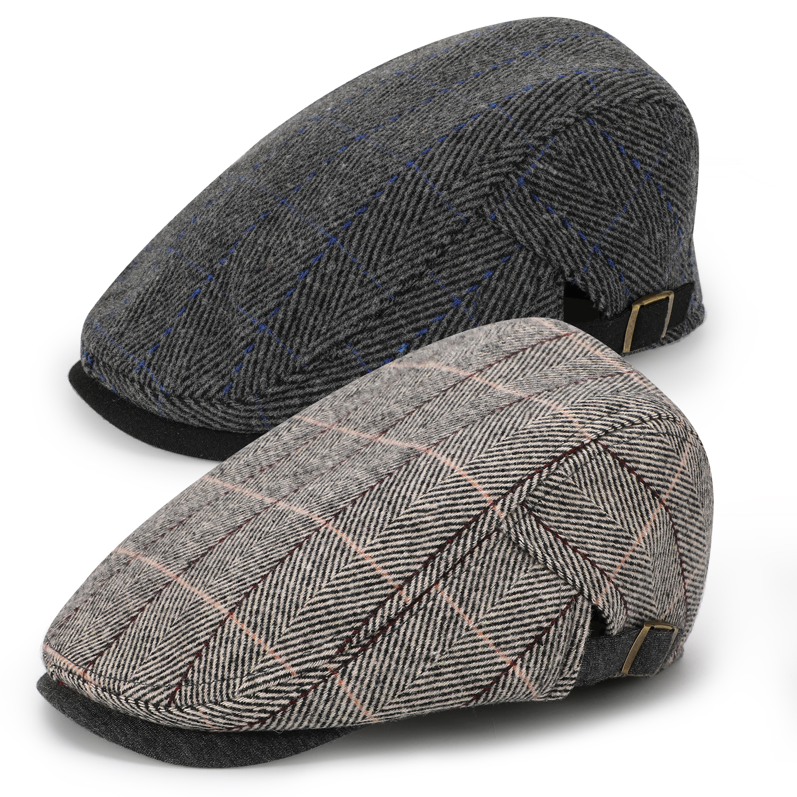 Bocaoying 2 Pcs Newsboy Caps for Men, Adjustable Flat Cap with Cotton Tweed, Beret with Soft Lining Sweatband, Classic Peaked Brim Cap for Driving, Casual, Golf, One Size 21.6"-23.6", Black/Grey