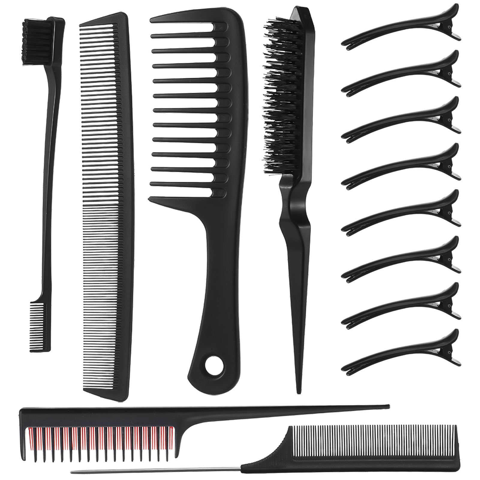 Abaima 14Pcs Black Hair Styling Combs Set,Professional Styling Comb Including Double-Sided Edge Brush,Bristle Hair Brush,Edge Hair Brush,Sectioning Clips for Women Men